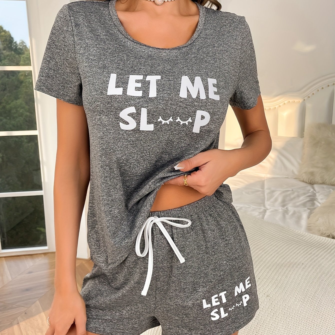 Image of Women's New Pajama Set, Gray Top With Letter Print And Shorts, 2pcs Casual Loungewear