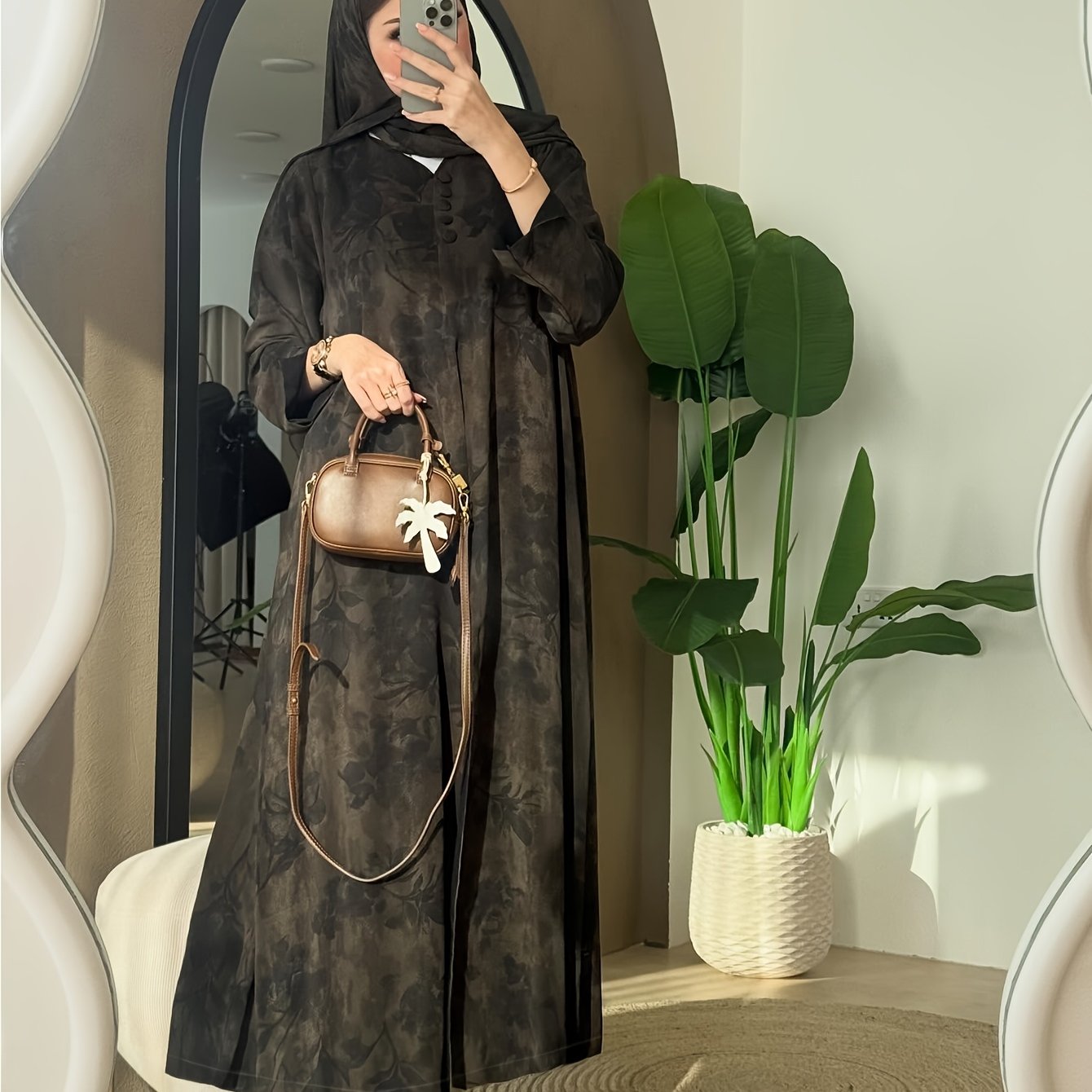 Women's Middle Arab Long Sleeve Loose Printed Elegant Abaya With Headscarf