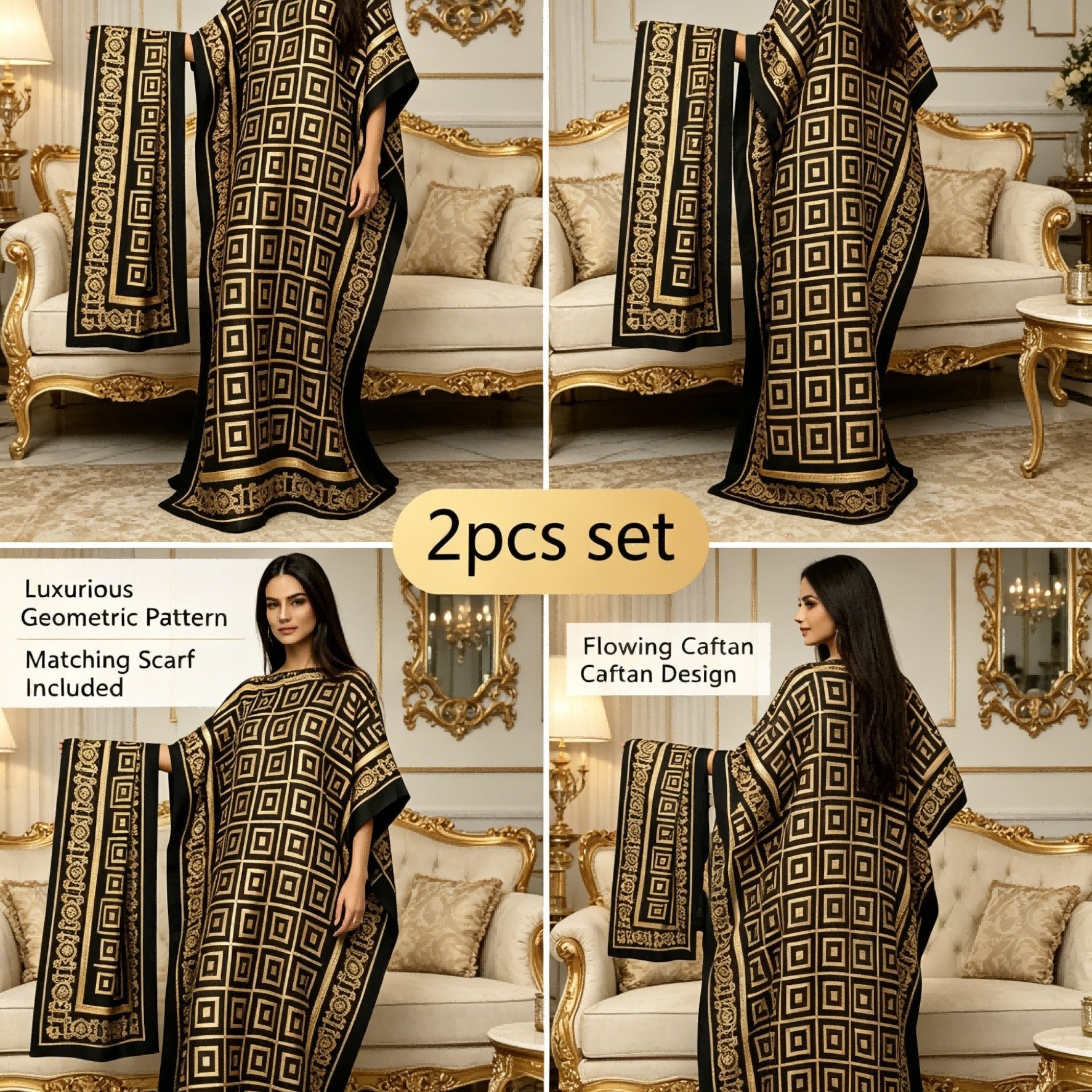 TEMU Plus Size - Black Background Greek Pattern Printed Robe And Scarf Women's Plus Size Boat Neck Dress Retro Light Luxury Loose Long Vacation Dress