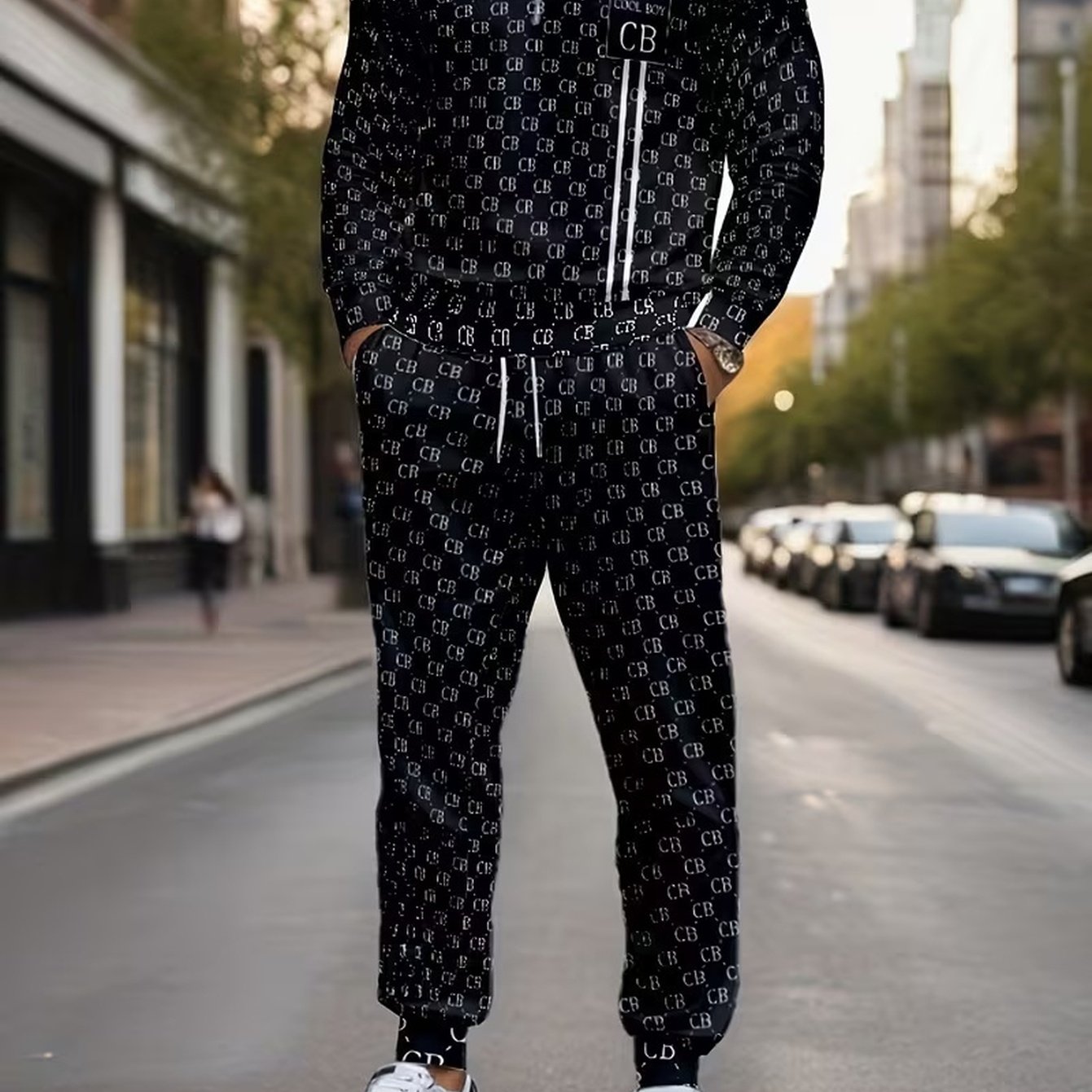 TEMU Men's Leisure Set: Full-body Cb Letter Print, Small Logo On Chest With Stripes, Crew Neck Long-sleeve Top. Matching Vintage Letter Floral