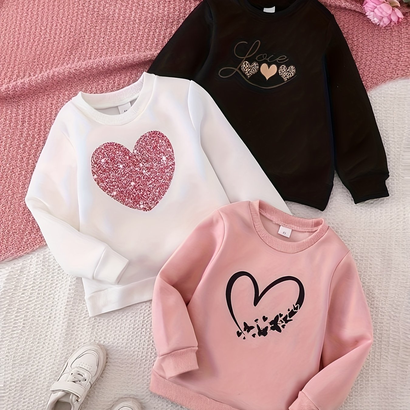 Image of 3pcs Set For Girls -7 Years, Casual Crew Neck Long Sleeve Ribbed Sweatshirt With Valentine's Day Heart Print, Medium Weight, Multi-pc For And Girls, Fall/winter