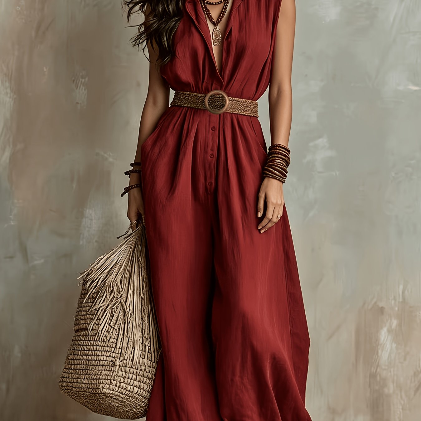 TEMU Combinaison manches pour femme, décontractée à boutons, col en V et jambes larges avec ceinture, tenue d'été de plage bohème