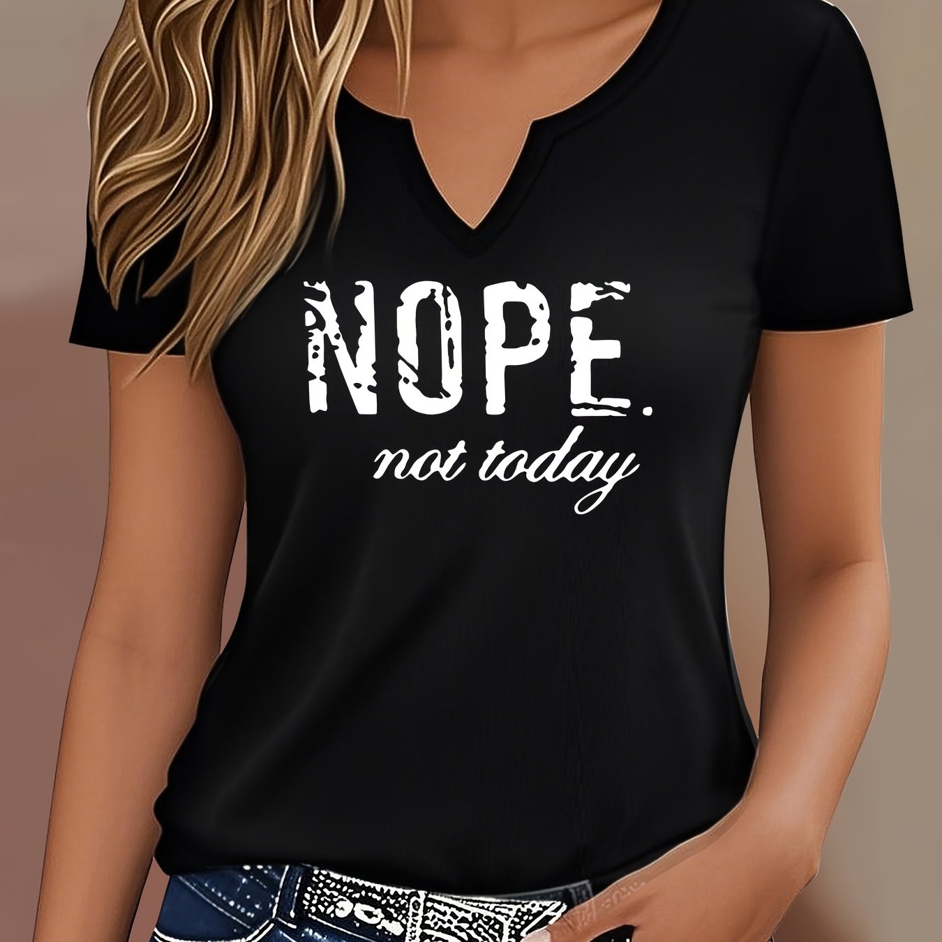 TEMU Women's Black "nope. Not Today" Graphic V-neck T-shirt - Casual Short Sleeve Top With Medium Stretch, Machine Washable & , Stylish Streetwear,