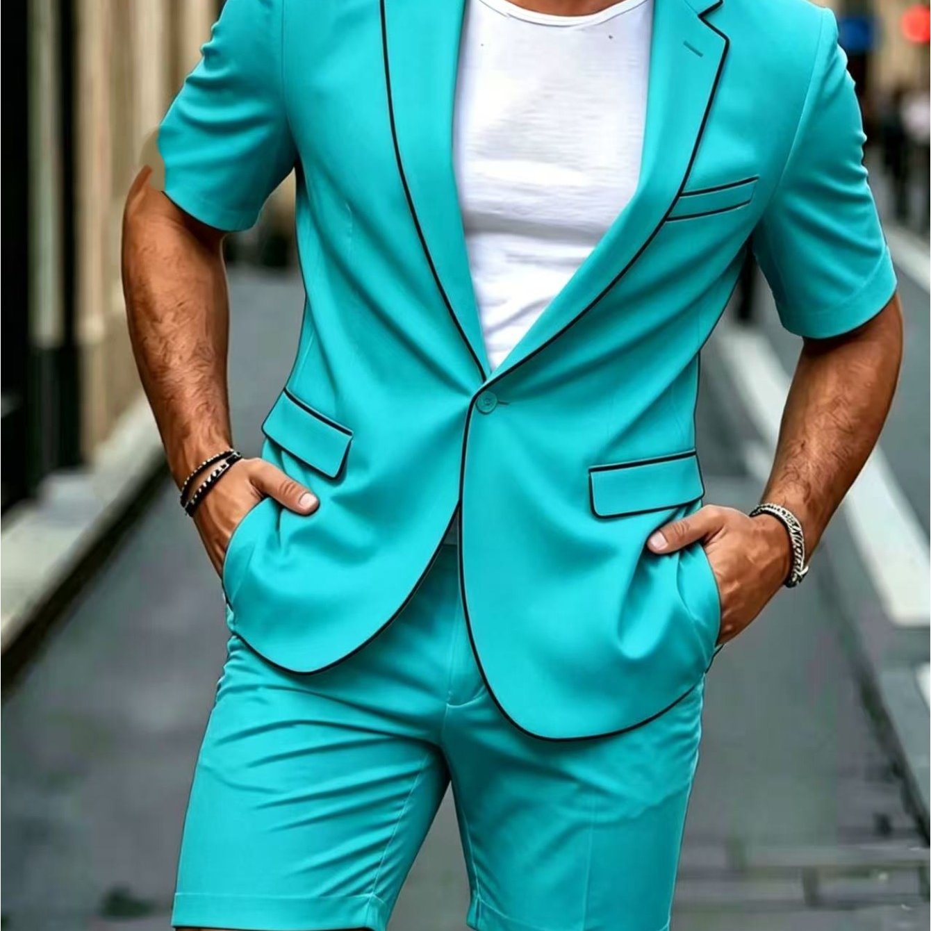 Image of 2pcs Men's Suit Fashion Set Solid Color Single Button Short Sleeved Suit Jacket+same Color Shorts Set Summer Casual Business Banquet Party