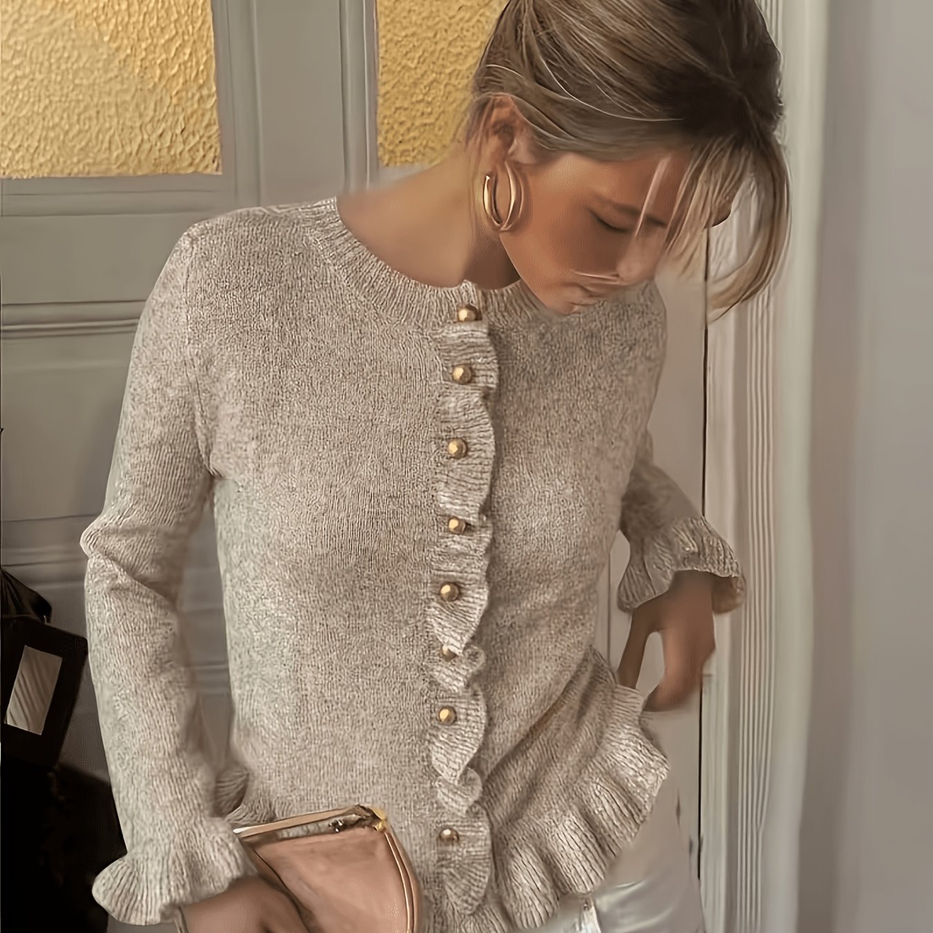 TEMU Women's Elegant Trim Open-front Sweater, Pearl Button Elegant Style Top, Long Sleeve Round Neck Soft Cardigan, Fashionable Casual Autumn Winter