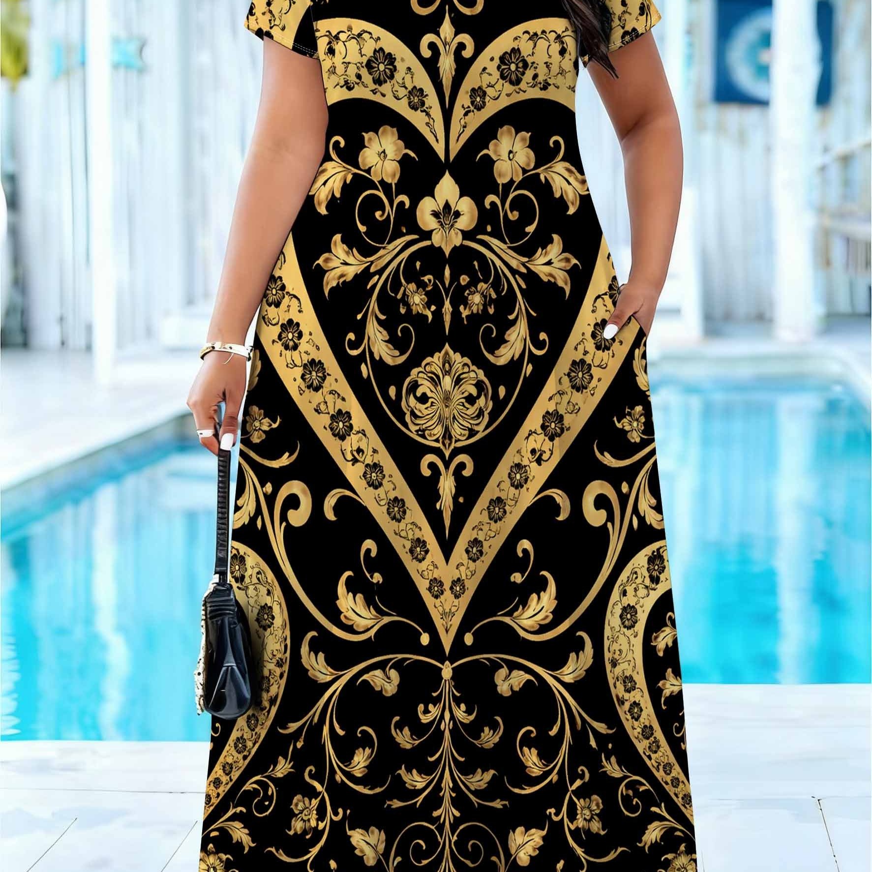 For Plus Size - For Plus Size - A Stylish Maxi Dress For Women Featuring A Relaxed Fit With Short Sleeves, With A Black And Golden Baroque . This Bohemian Silhouette An Effortless Look