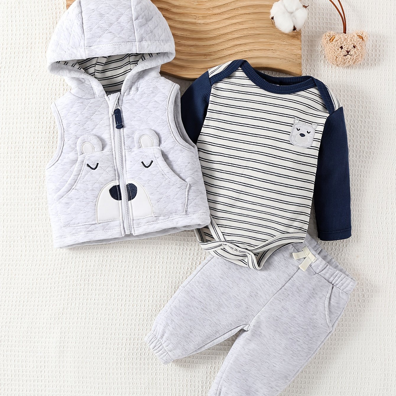 Image of Three-piece Autumn/winter Set For Boys: Cartoon Vest With Hooded Romper And Long-sleeved Baby Boy Outfit, Perfect For Outdoor