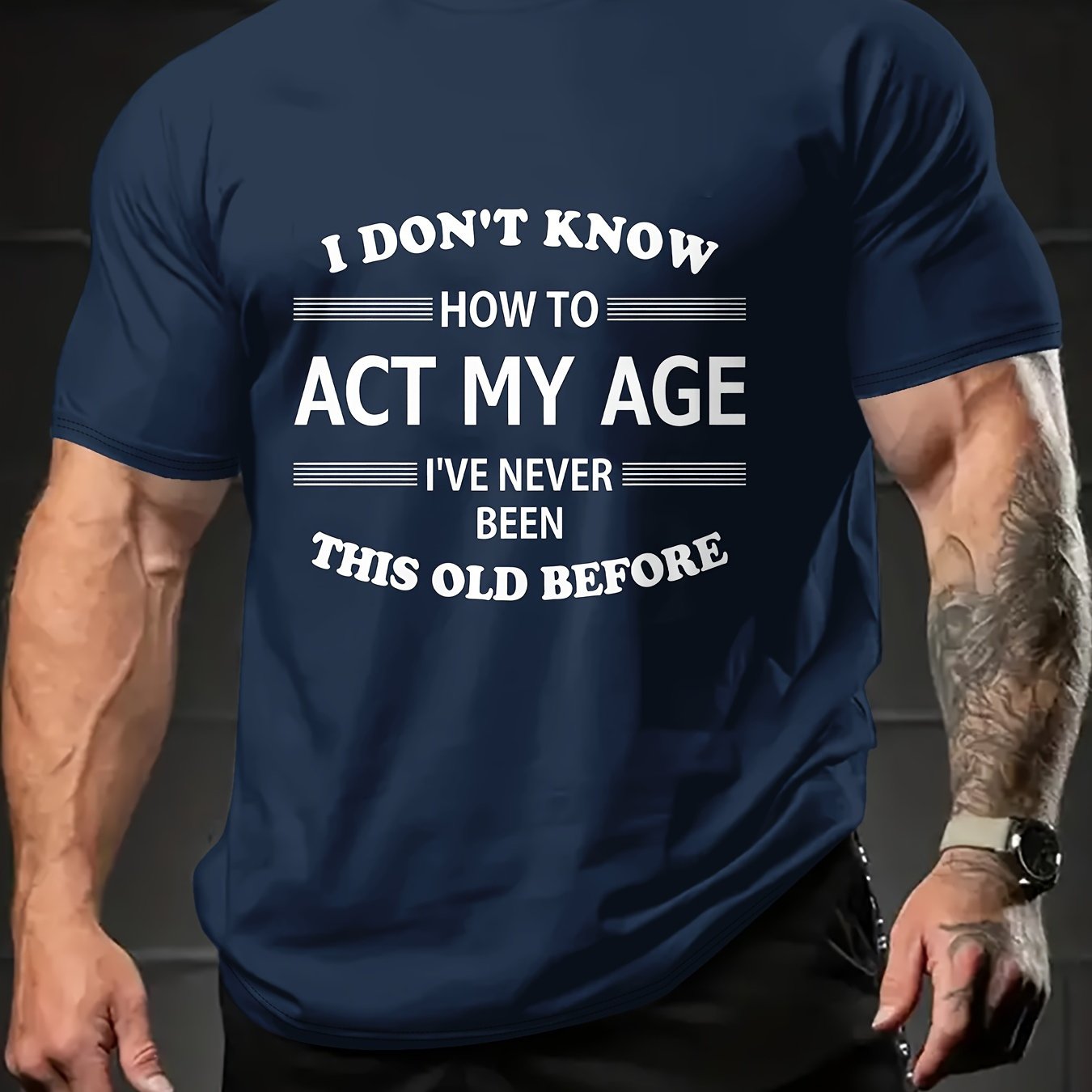 TEMU Men's Navy Blue Humorous Letter Print T-shirt - Breathable, Loose-fit, Round Neck Short Sleeve Tee With "'t How To Act My Age" Quote, Casual