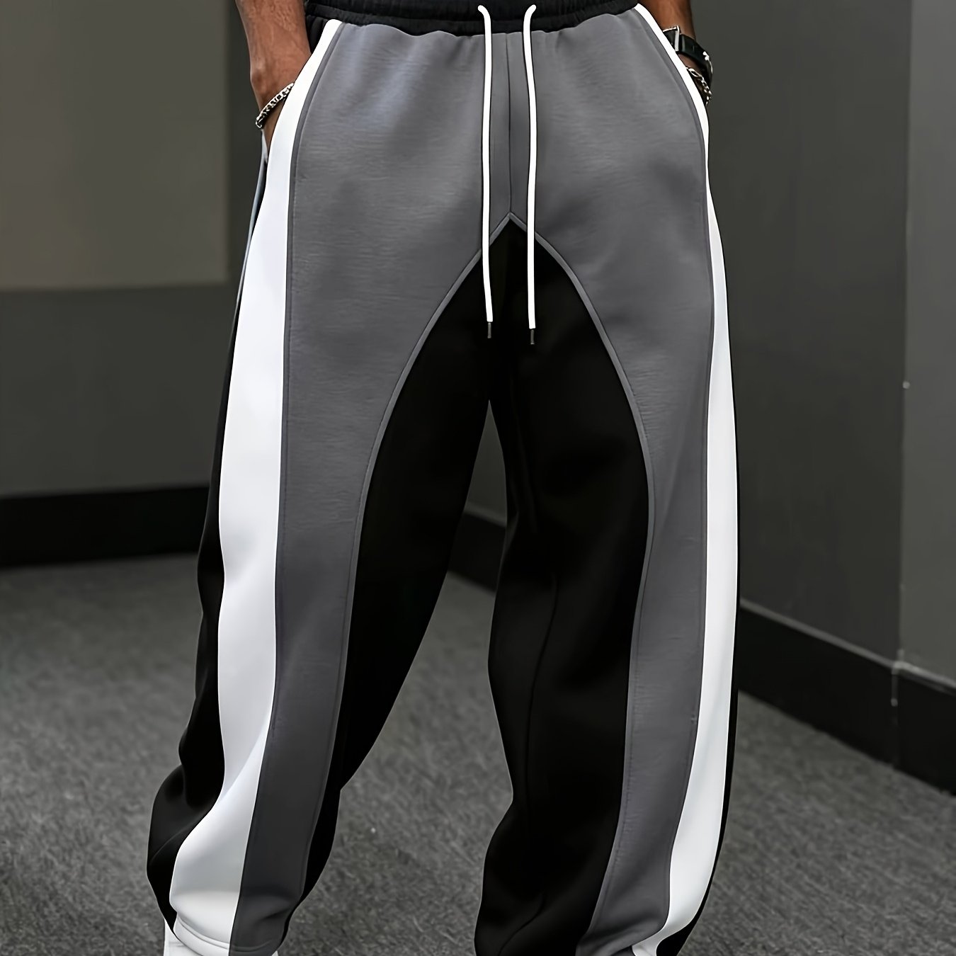 TEMU [ Mei Obm] Pantalones Casuales Modernos con Diseño de Patchwork para Hombre, Diseño de Color , Tela Cómoda y Elegante, Cintura con Cordón