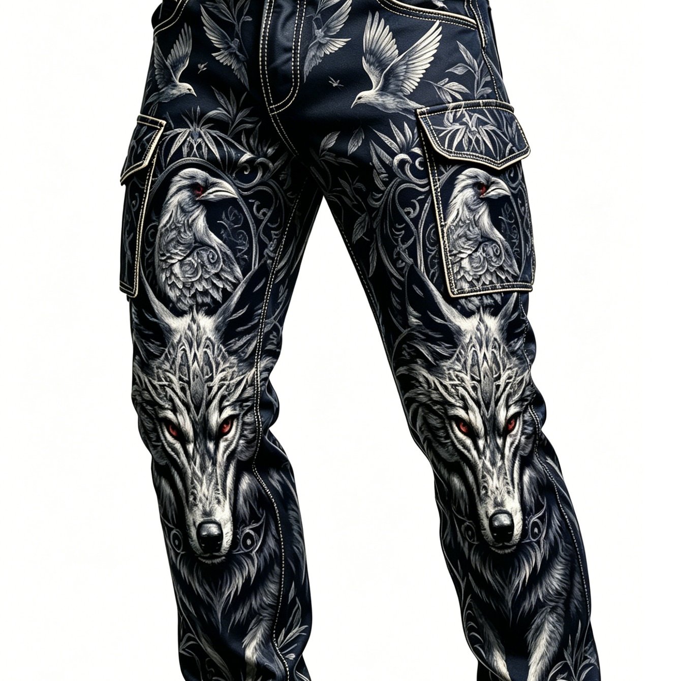 Men's Dark Retro Wolf And Crow Cargo Pants Casual Outdoor Everyday Versatile Straight-leg Trousers