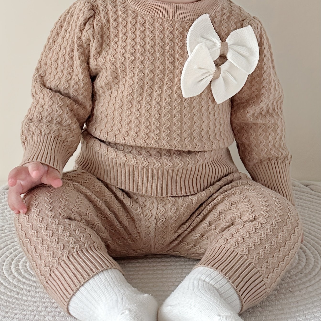 Image of Newborn Baby Girl Spring/autumn Bowknot Sweater Pullover Knitted Long Pants Princess Set, Perfect For Outdoor