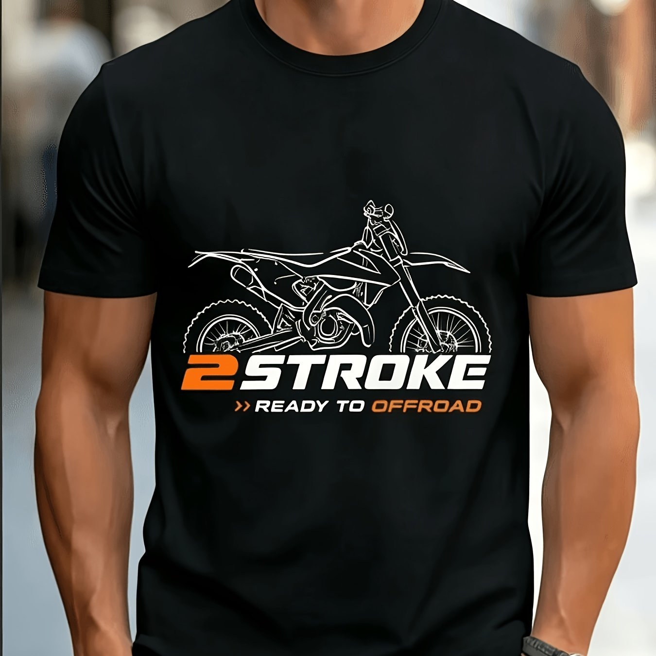 TEMU Men's Motorcycle Short-sleeve T-shirt- Black With Orange Double-stroke Off-road Pattern- Xc-w Off-road Riding Design- Suitable For 2017-2019