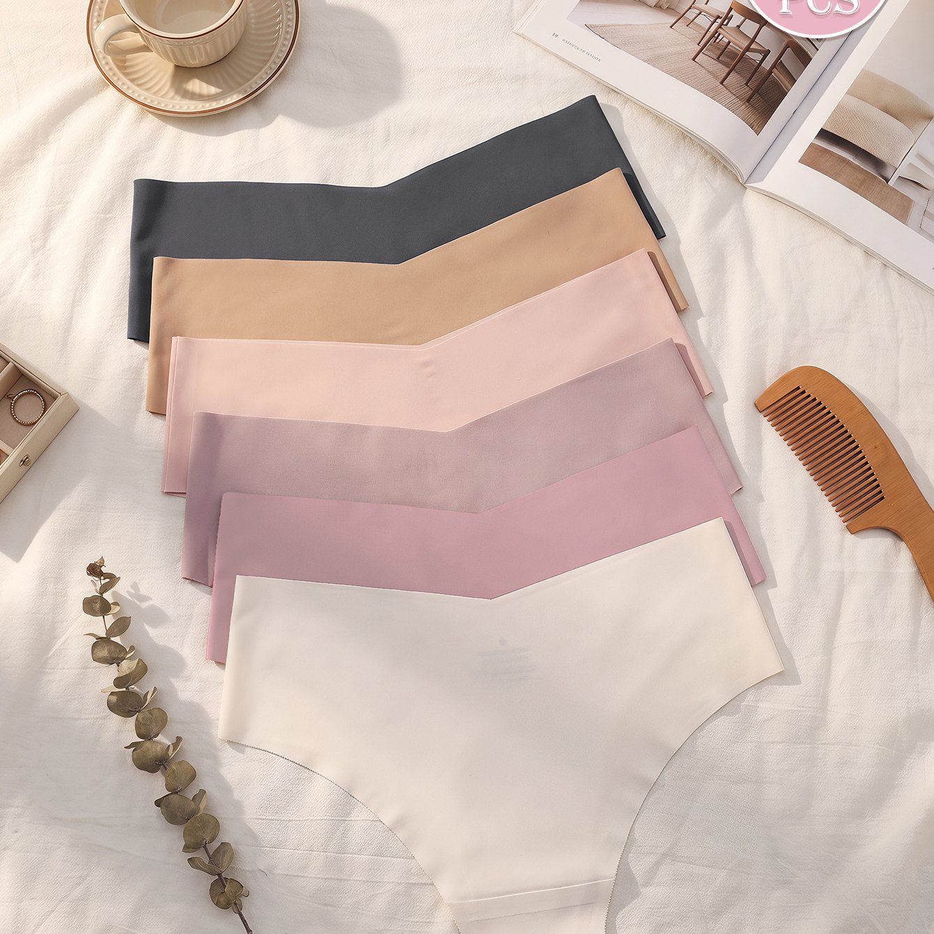 TEMU 6pcs 6-color Women' Triangle Panties, Mid-waist, Seamless And Invisible, V-shaped Crotch Cut, Nylon-spandex, Soft And Stretchy, , For Daily Wear