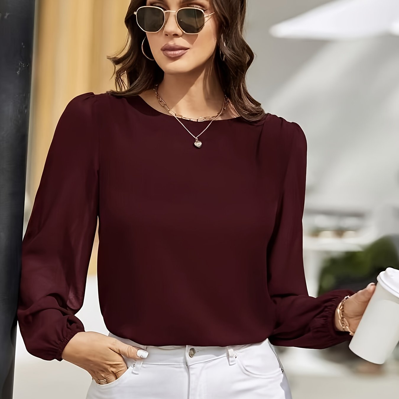 TEMU Elegant Casual Solid Color Lantern Sleeve Keyhole Back Long-sleeve Top