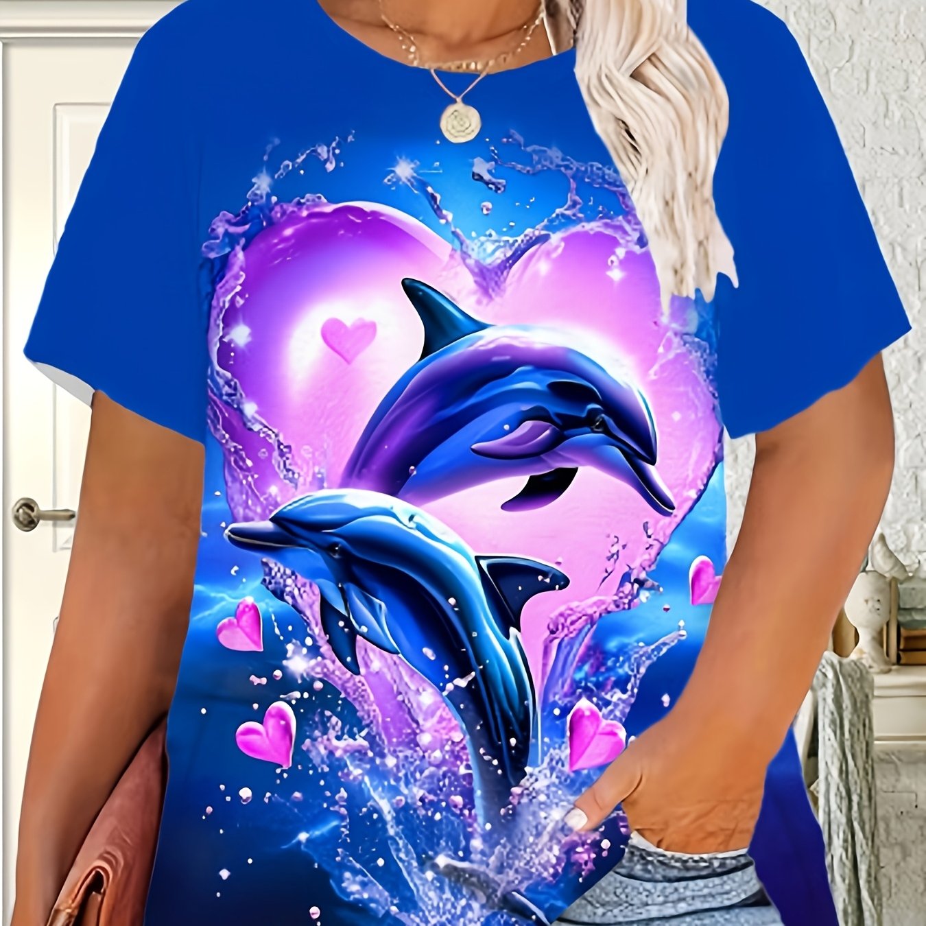 TEMU Women's T-shirt With And Purple Heart Dolphin Print, Style, Loose Fit, Round Neck, Casual Short Sleeves, No Necklace Included, Standard Round