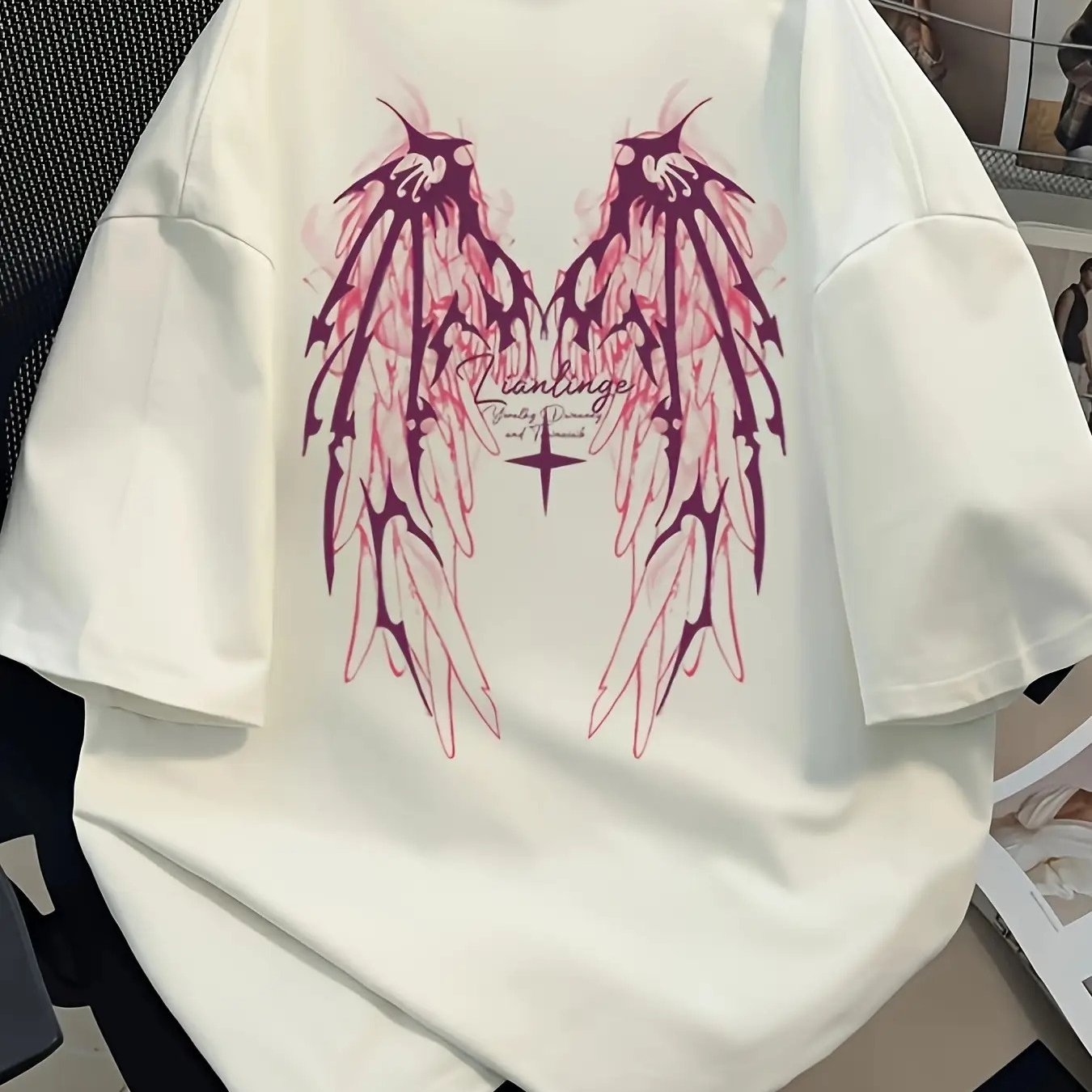 TEMU Y2k Gradient Flame Wing Print Oversized T-shirt, Casual Short-sleeve, Unisex Street Style Top