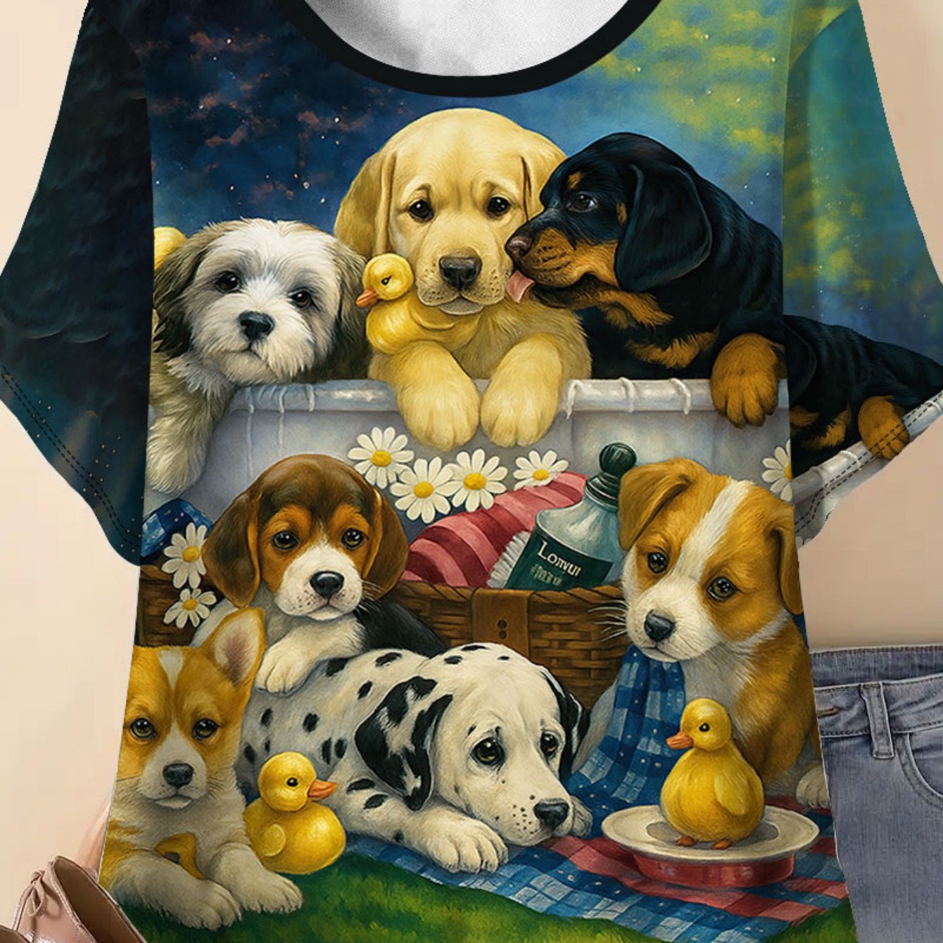 Image of Plus Size Cute Puppy Women's Clothing Summer T-shirt, Sweet And , Round Neck, Short Sleeves, Slightly Elastic, Casual And Comfortable, Full-print Cartoon Cute , Bright Colors, A And Feel