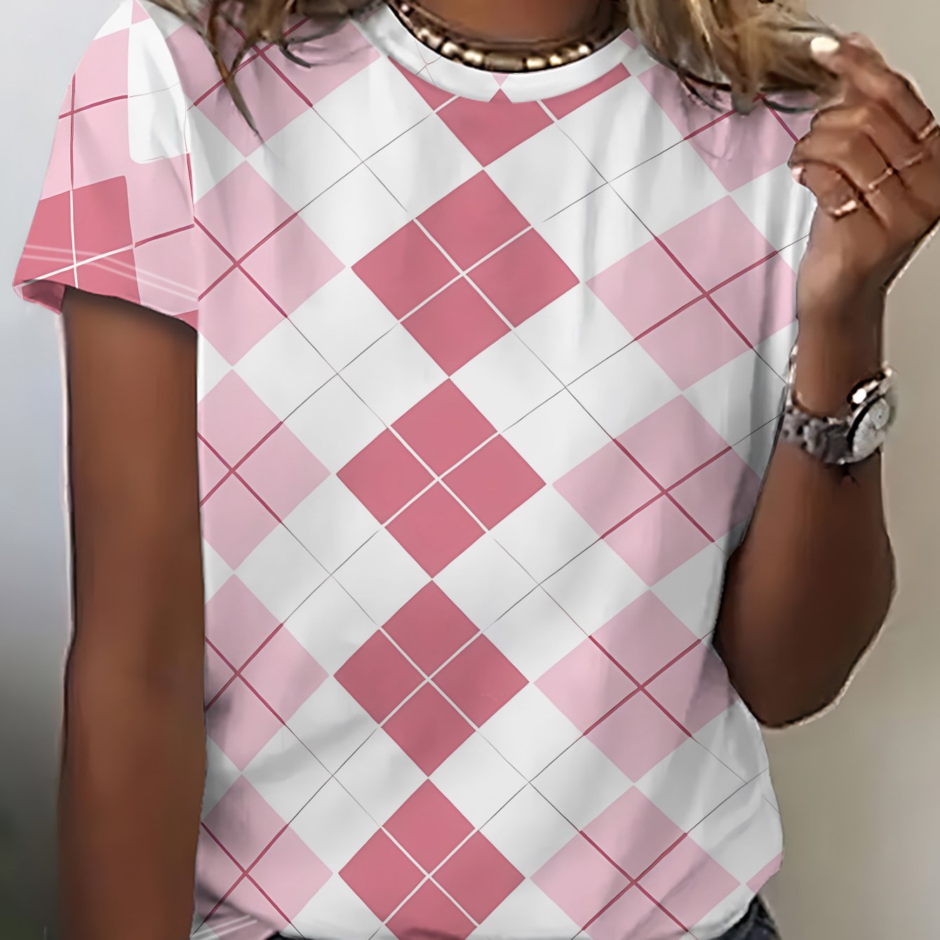 TEMU Summer Women's Short-sleeve T-shirt With Diamond Pattern Print, Round Neck, Casual And Versatile Top - Made Of Fabric, Machine Washable