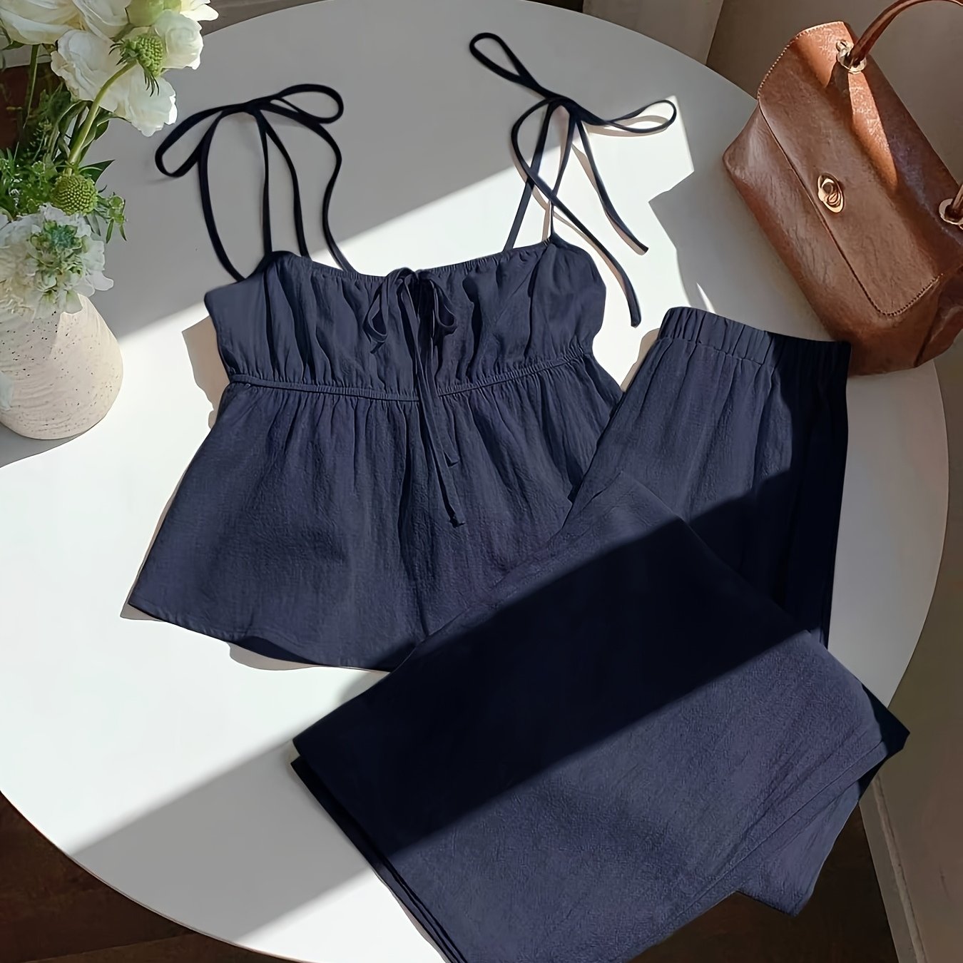 E-shop Damen Frühling/Sommer Mode Pendler Schleifen Rückenfreies Taillenbetonendes Camisole Top + Weitbeinige Hosen Set