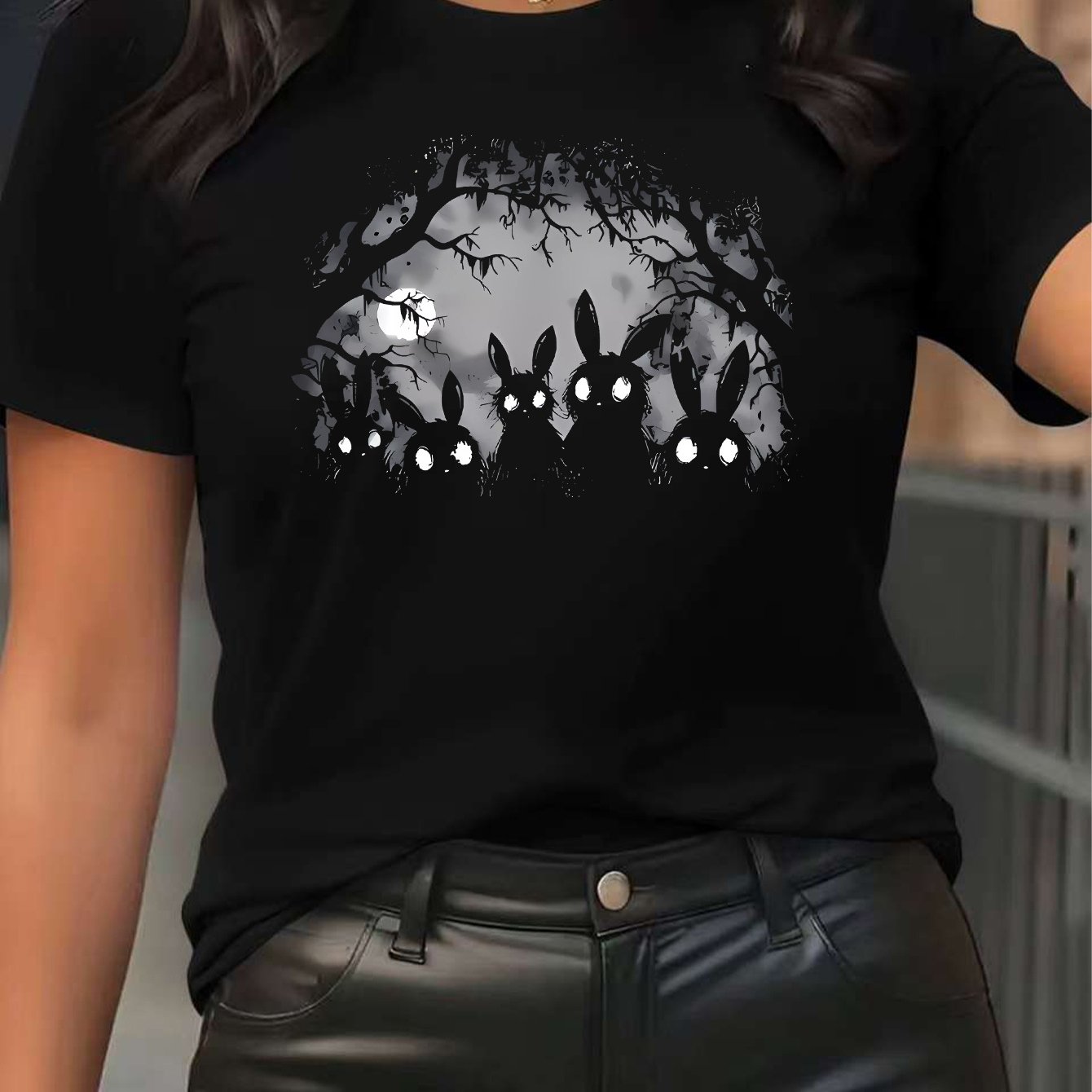 TEMU Gothic Rabbit Print | Vintage Casual Women's Crew Neck Pullover T-shirt, Short Sleeve, S-xxl, Multicolor