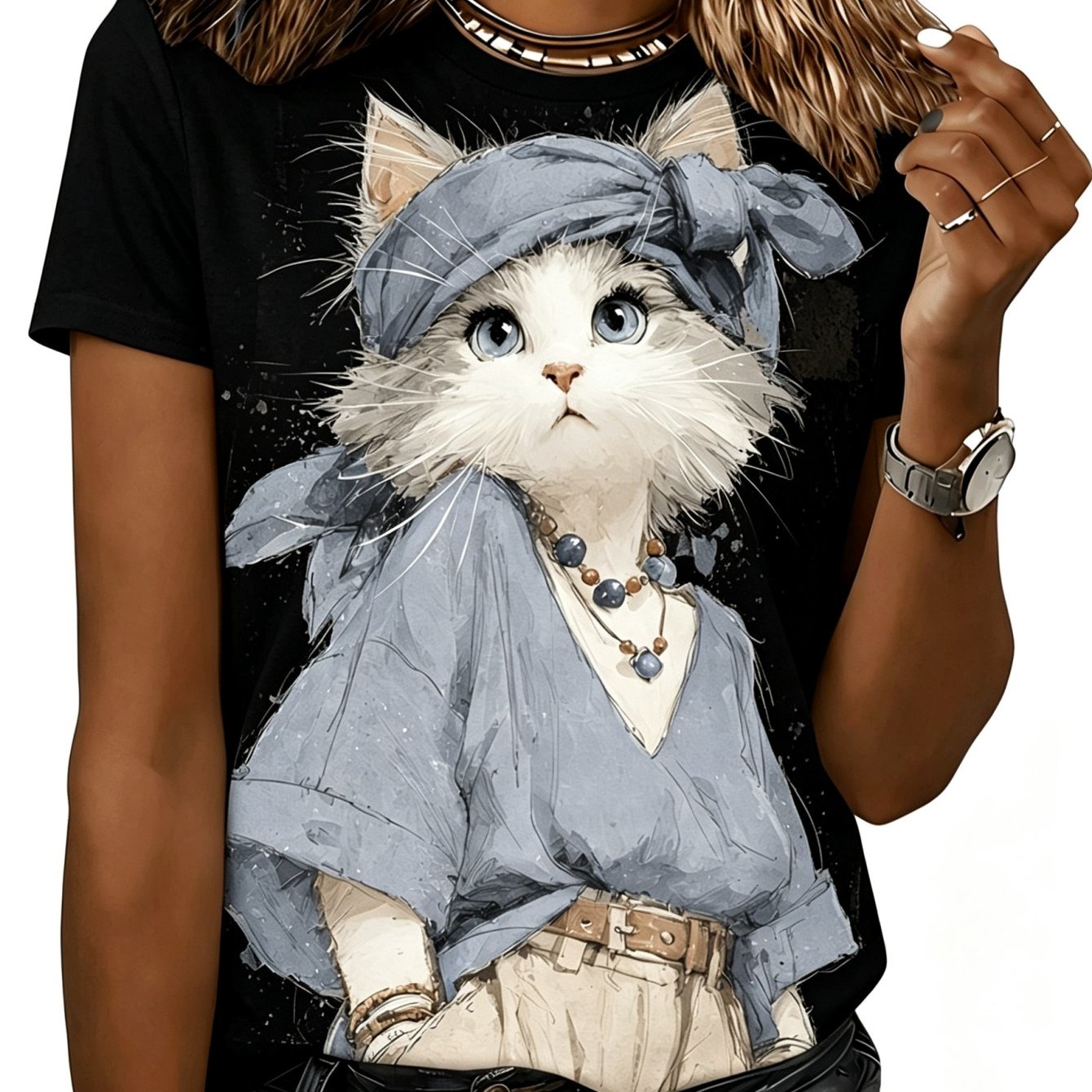 TEMU Women's Cute Cartoon Cat Print Short Sleeve T-shirt, Casual Loose Fit Round Neck Top, Style Daily Wear Spring Summer White Tee