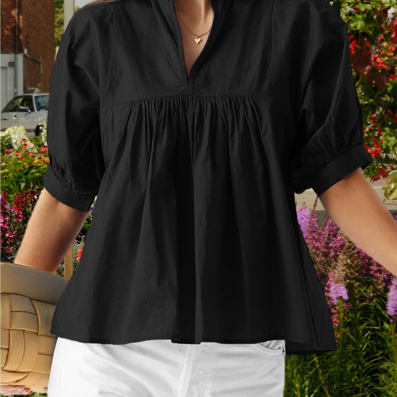 Womens Puff Sleeve V Neck Blouse Babydoll Peplum Tops Dressy Casual Pleated Loose Fit Shirts