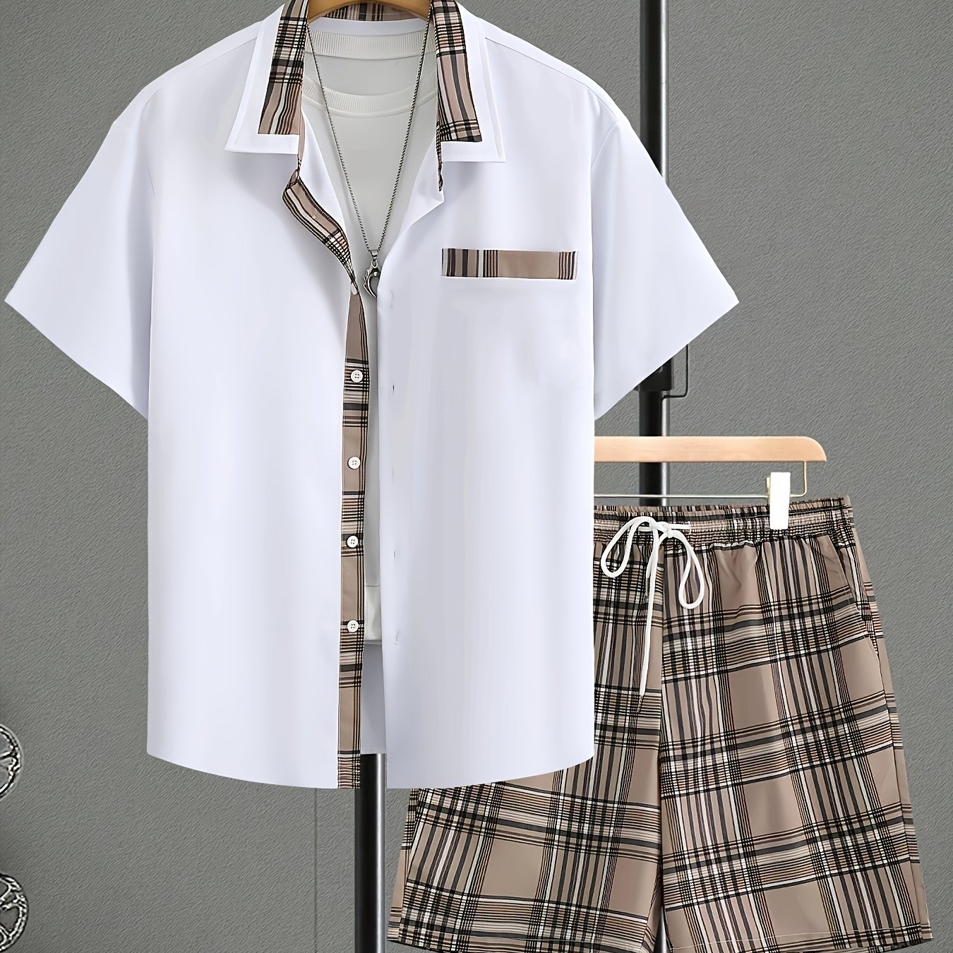 TEMU Men's Summer Shirt Set, Fashionable , Men' Casual Short-sleeve Shirt And Shorts 2pcs Set