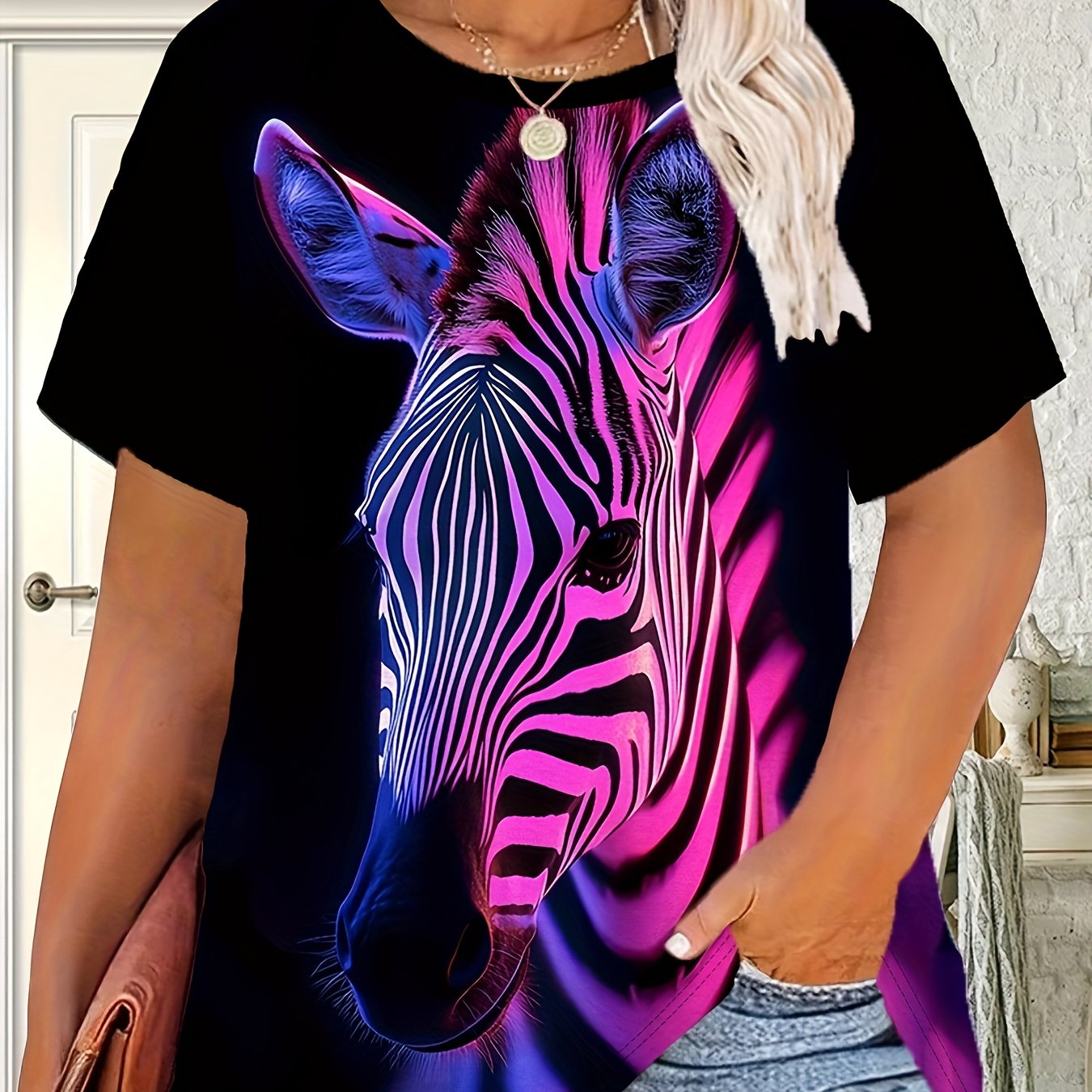 TEMU Plus Size - Plus Size - Plus-size Zebra Print T-shirt, Casual Round Neck Short Sleeve Top, Women's Plus-size Clothing