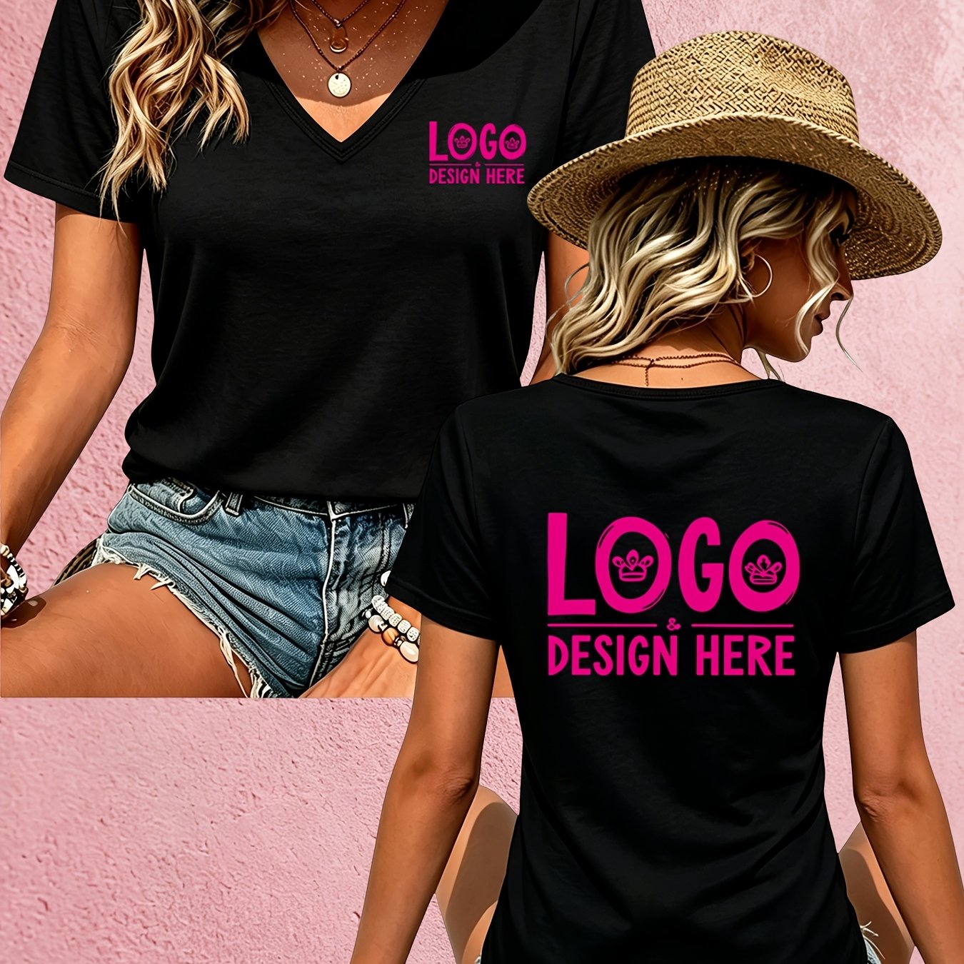 TEMU Custom Printed V-neck Short-sleeve Women's T-shirt, Suitable For Daily Casual Wear, A Versatile And Fashionable Style, With Custom Printing On