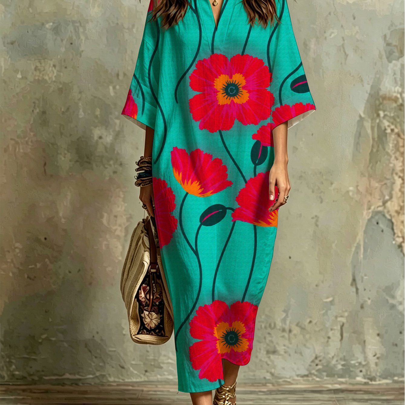 Image of Plus Size - Fashion Casual Kaftan Dress With Turquoise Background And Red Flower Print, Comfortable, Breathable, Lightweight, Versatile For Beach Vacations, Summer Parties, Casual