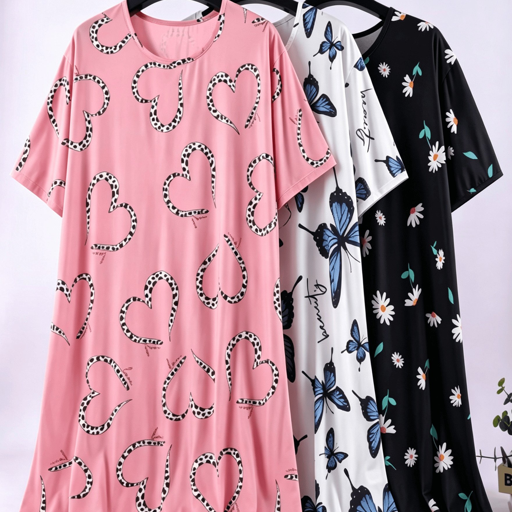 TEMU 3pcs Plus Size Women's Loose Short Sleeve Nightgown Round Neck Floral Leaf Print Drop Shoulder Soft Durable Summer Loungewear Night Dress