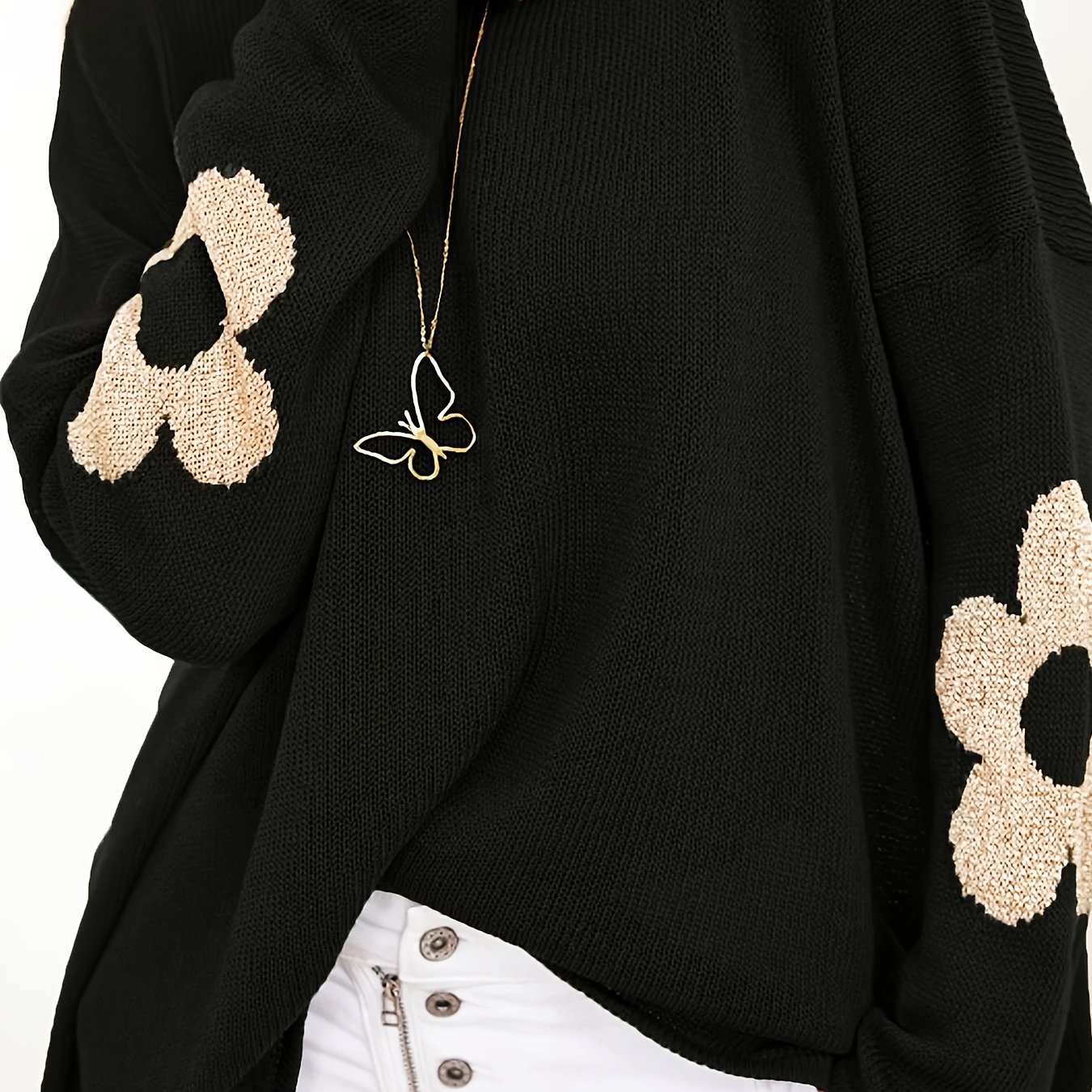 Image of Casual Loose Round Neck Top, Women's Outdoor Long Sleeve Drop Shoulder Pullover, Elegant Casual Jacquard Sweater