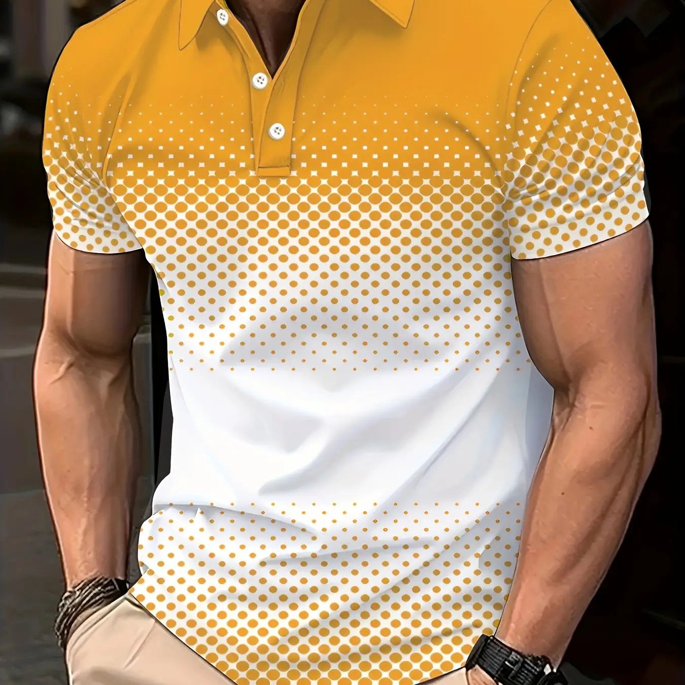TEMU Men's Shirt With Yellow And White Gradient Base And Yellow Polka Dot Transition, Yellow Collar With Lapel And Button Design, Gradient Polka Dot