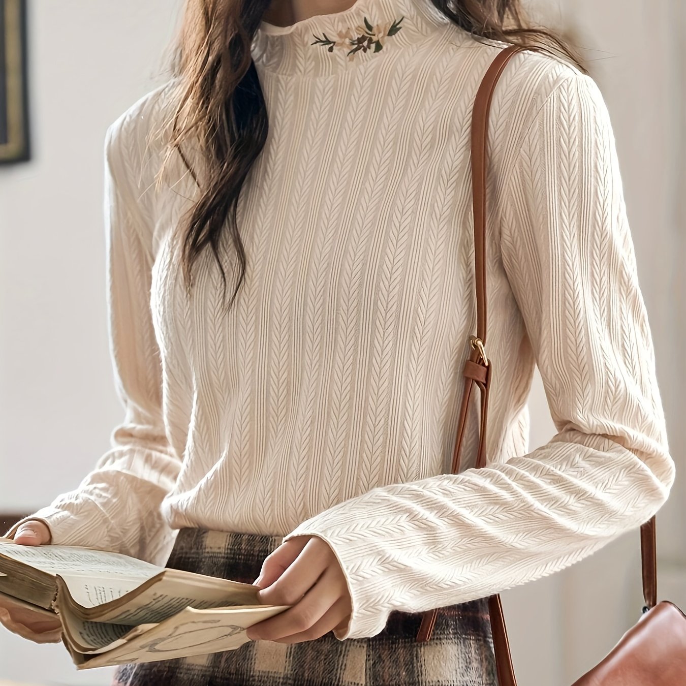 High-neck Floral Embroidery Detail T-shirt