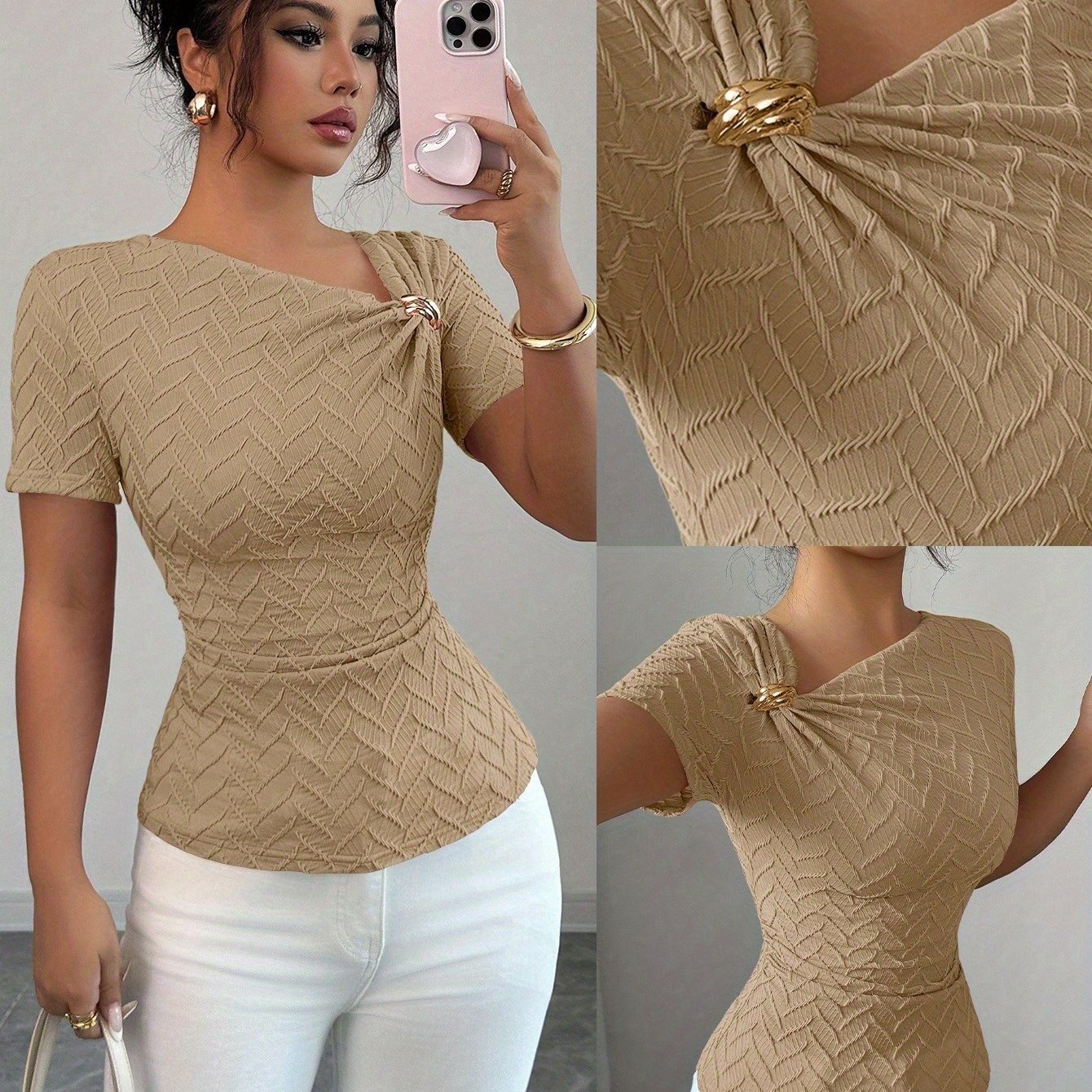 TEMU Women's Elegant Irregular Neckline Metal Decorated Short-sleeved T-shirt