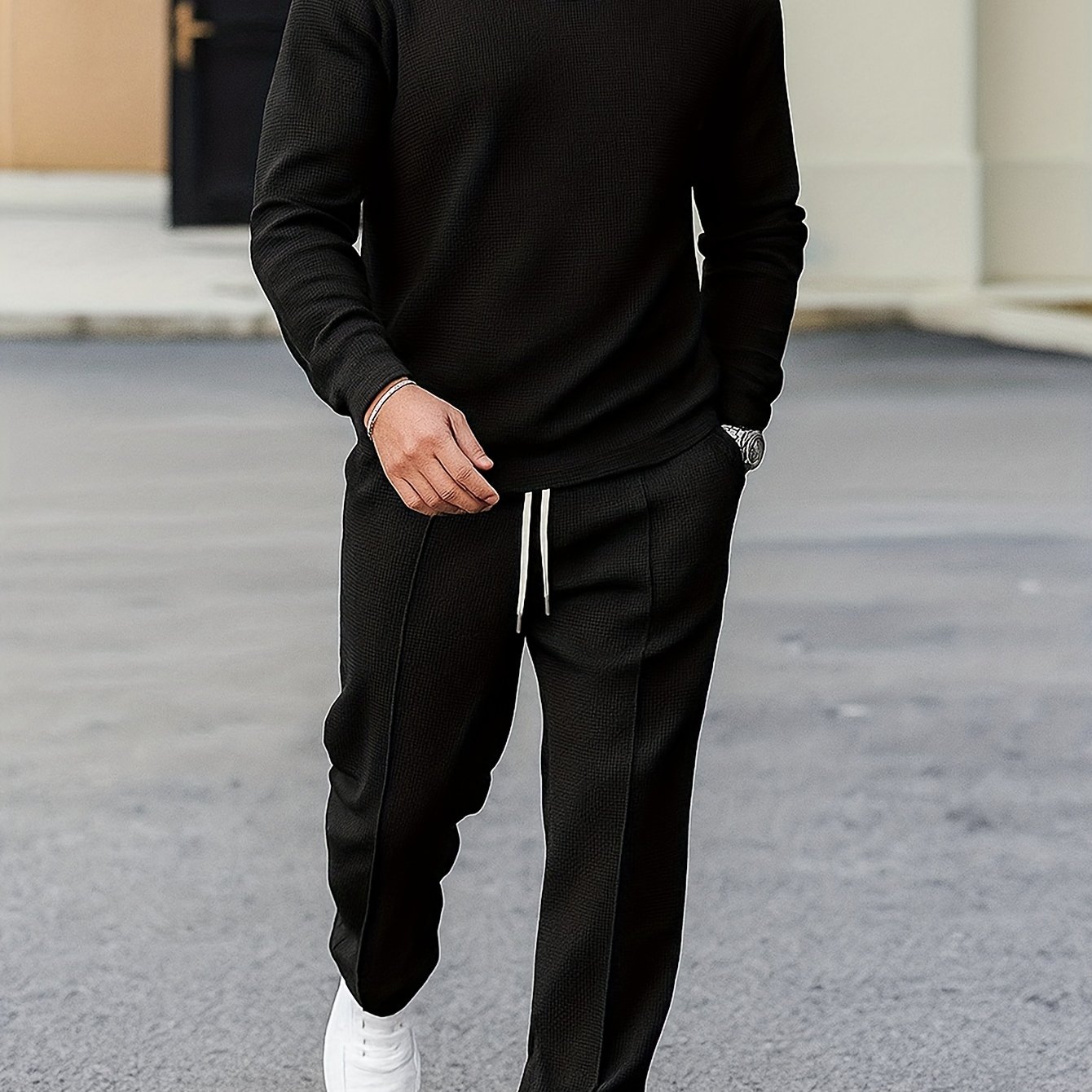 European And Men' Solid Color Set: Round Neck Long Sleeve Top + Pants Two-piece Set
