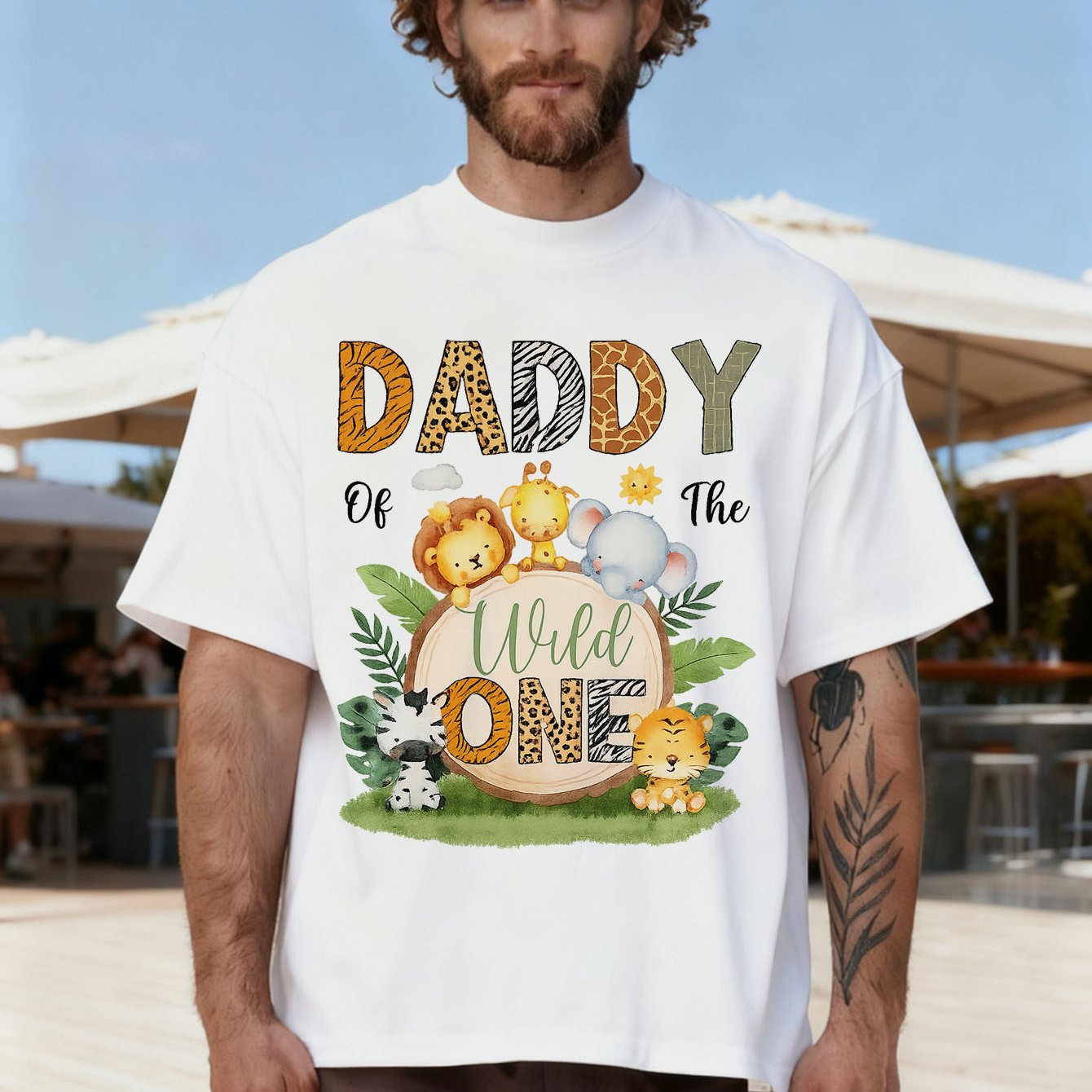 Image of Men's & Women's 1st Birthday Jungle T-shirt - Daddy Of 1 Shirt With Giraffe & Footprints, 100% Cotton Outfits For New Parent Gift, Shower Outfit (s-xxxl), Family Matching Tee For Dad &