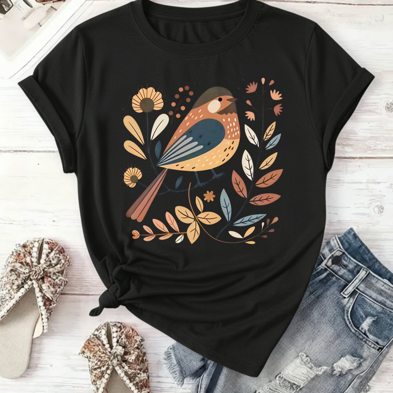TEMU New T-shirt, Casual Bohemian Style Women's Tee, Autumn Bird And , High-quality Washed, Non-shrinking, Non-deforming, Thick Premium T-shirt,