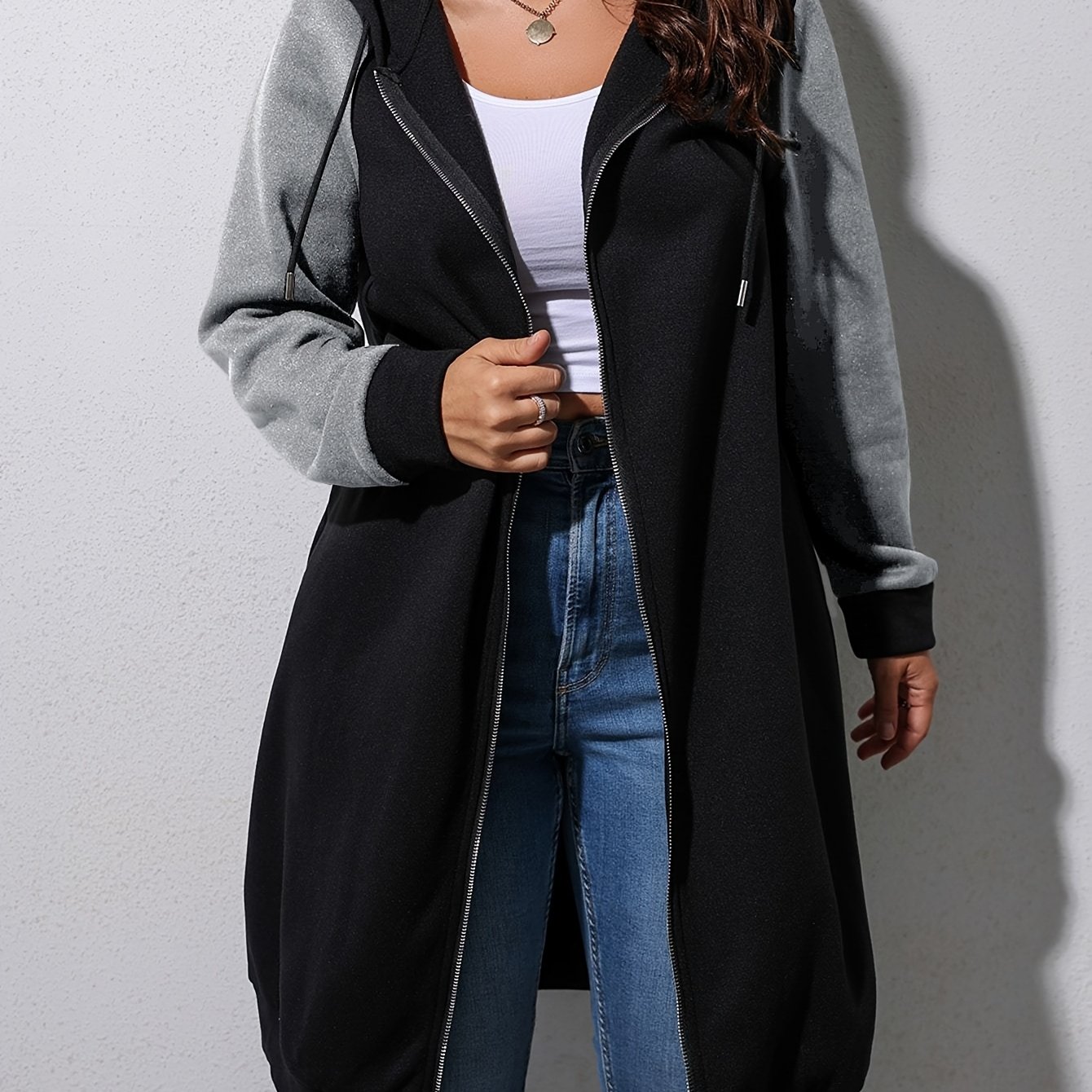 TEMU Plus Size Women's Block Hoodie Coat - Mid-length Stylish Jacket Autumn & Winter Outfits