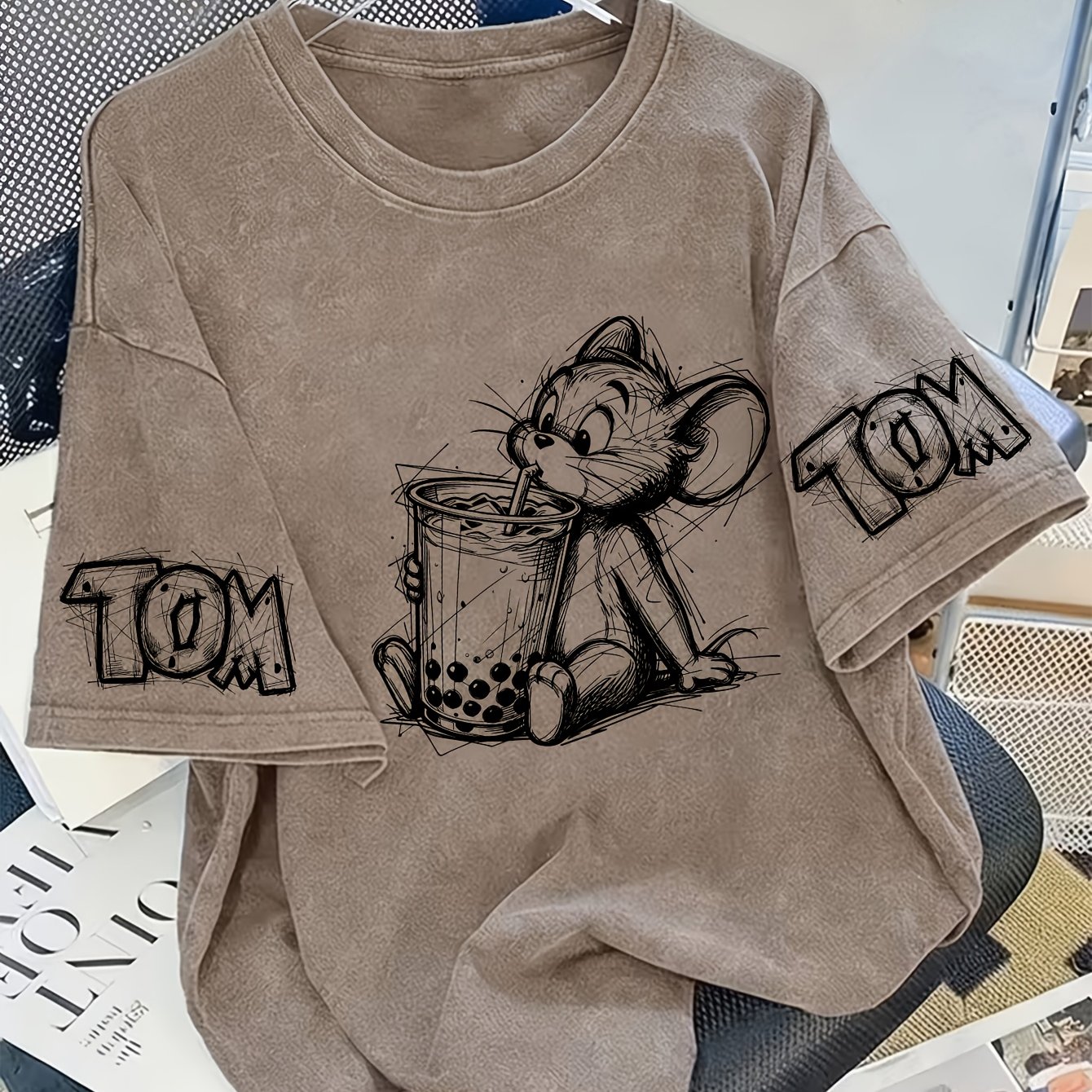 TEMU Washed Distressed Men's Short-sleeve T-shirt With Sketch Line Art Animation Cartoon 