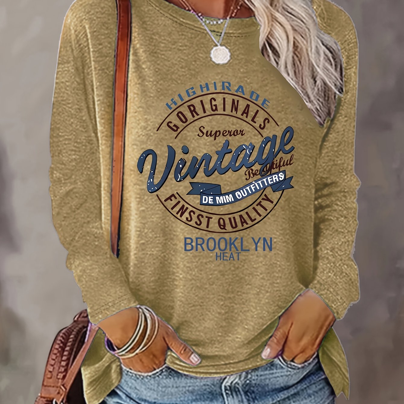 E-shop Damen Langarm T-Shirt für alle Jahreszeiten mit Buchstabendruck - Rundhalsausschnitt, Stretch-Passform, Weiß mit schwarzer Schrift &