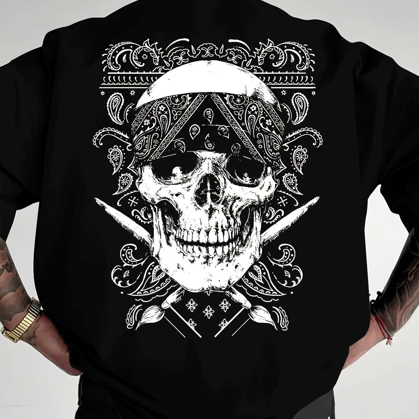 TEMU Paisley Skull Print T-shirt, Men's Crew Neck T-shirt, Loose Fit T-shirt, Drop Shoulder Crew Neck T-shirt, Men's T-shirt, Short Sleeve T-shirt
