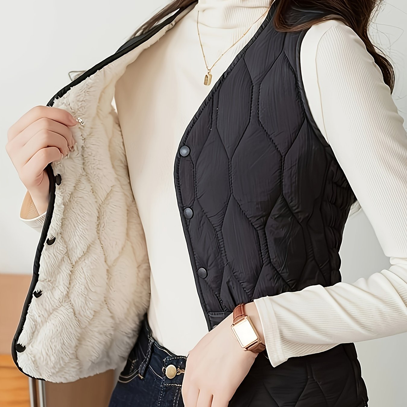 TEMU Solid Color Warm Autumn And Winter Women's Vest V-neck Design Single-breasted Opening And Closing With Fleece Inside Easy Warm And Practical