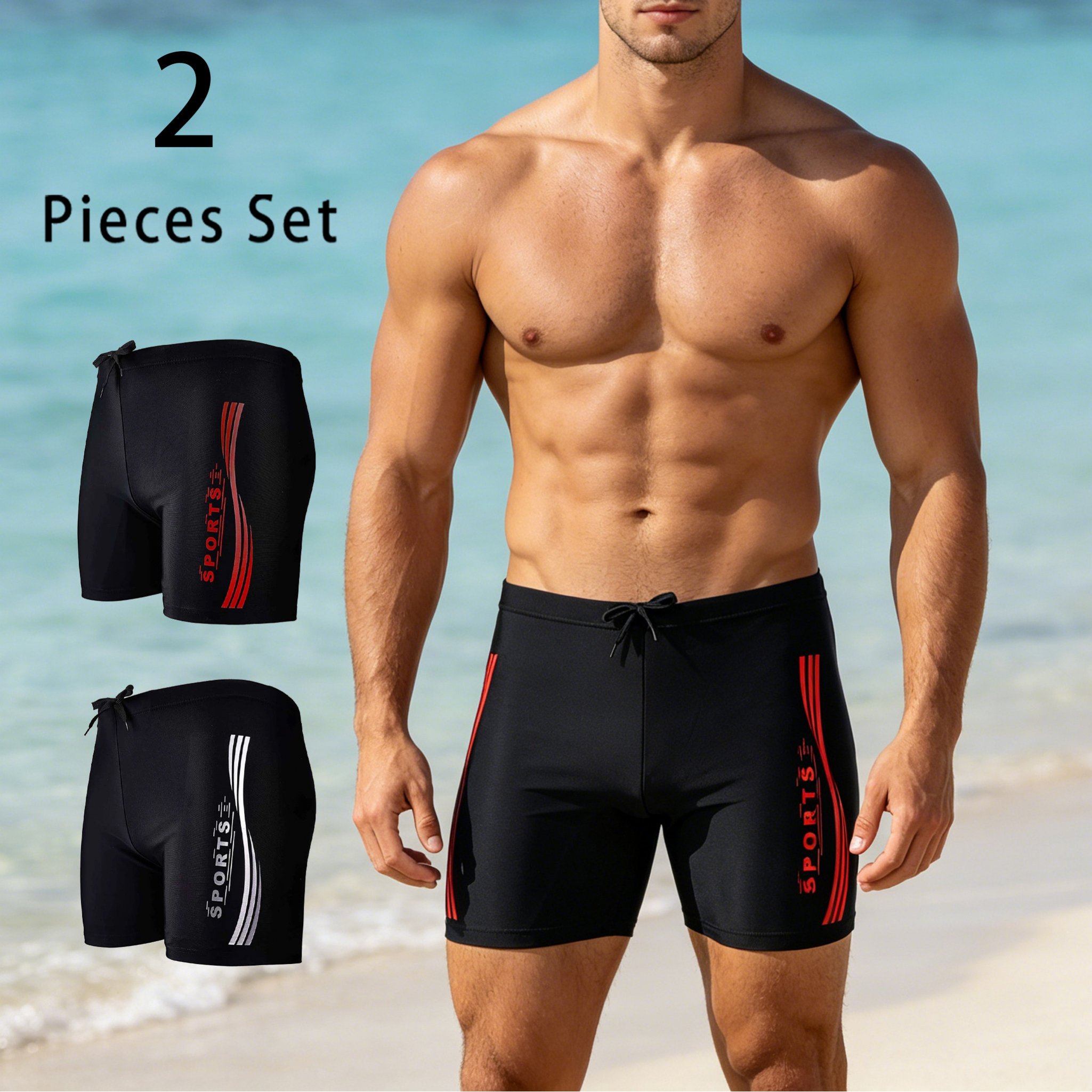 Image of Men's 2-pc Swim Trunks, Quick-dry, Breathable, Lightweight, , Plus Size, Suitable For Swimming Training, Beach Surfing, Vacation, And Pool Wear