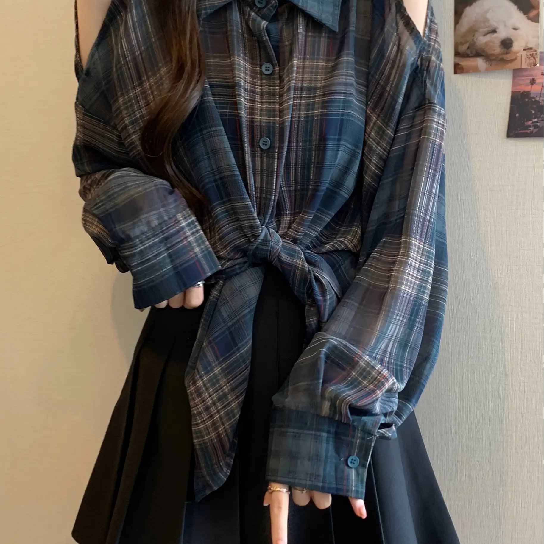 TEMU レディース オーバーサイズ ルーズフィット チェックシャツ - ボタンフロントカラートップ ホローアウトショルダーボタン付き 軽量セミシアーブラウス 春夏秋用 カジュアルストリートウェア ルーズフィット