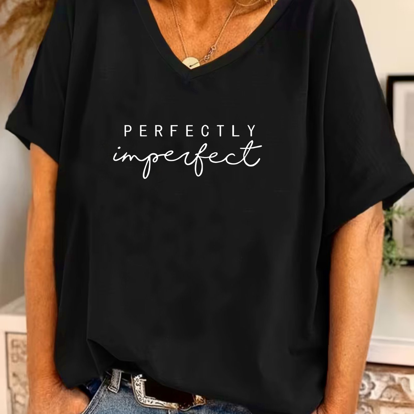 TEMU Plus Size, Women's Plus Size V-neck Batwing Short Sleeve T-shirt - Oversized Loose Fit Blouse Batwing Top, 1xl-8xl, Casual & Resort Wear, Letter