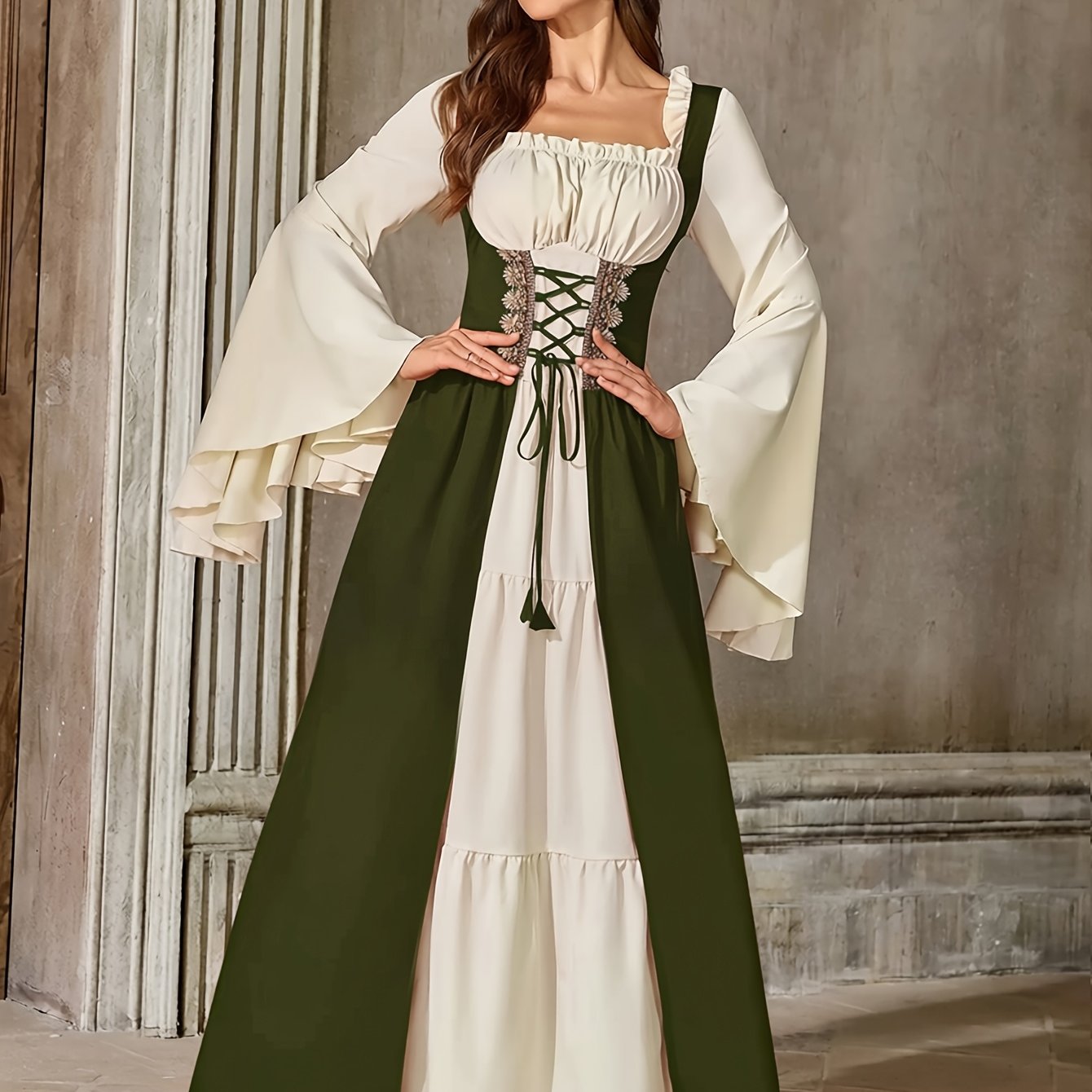 TEMU Vintage Court Style Medieval Long Dress, Corset Waist Flared Sleeve Renaissance Cosplay Gown
