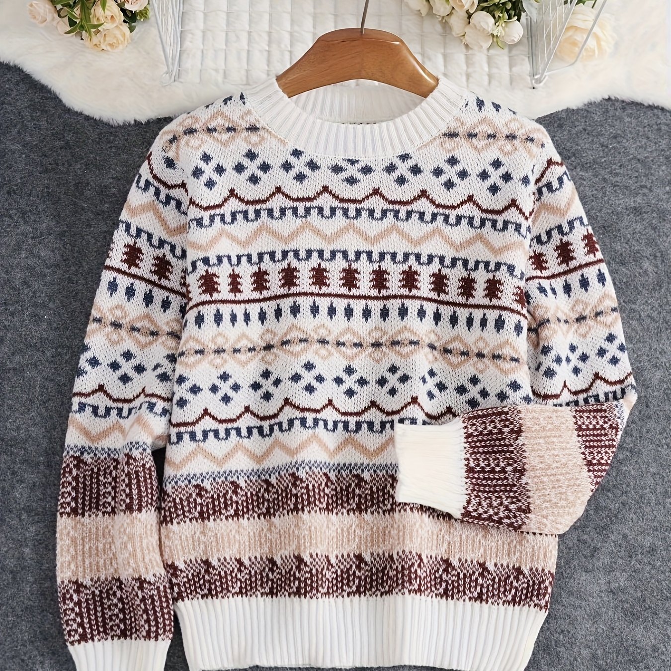 TEMU Vintage Jacquard Pullover Women's Autumn/winter Versatile Stylish Top