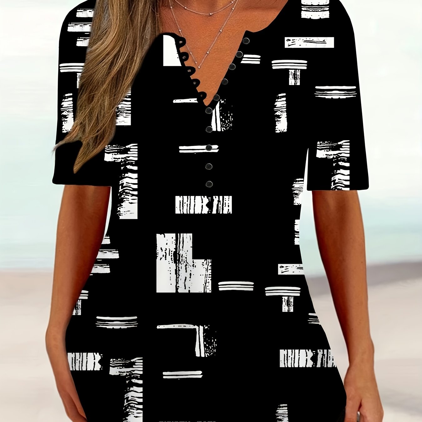 Plus Size, Plus Size Casual Elegant Top, Women's Plus Size Color Block Print Button Short Sleeve V-neck Top