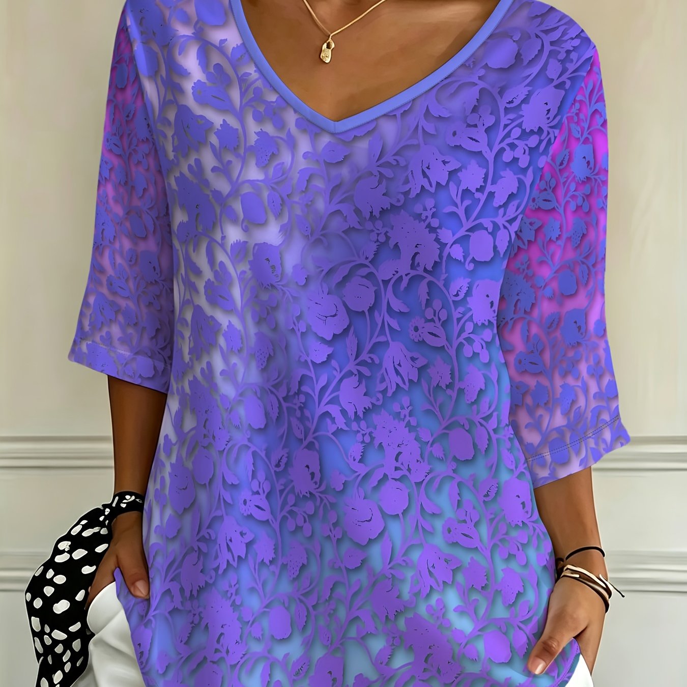 TEMU Plus Size, New Casual Fashion Holiday Women's Plus Size Loose Fit Gradient Floral -quarter Sleeve V-neck T-shirt Top